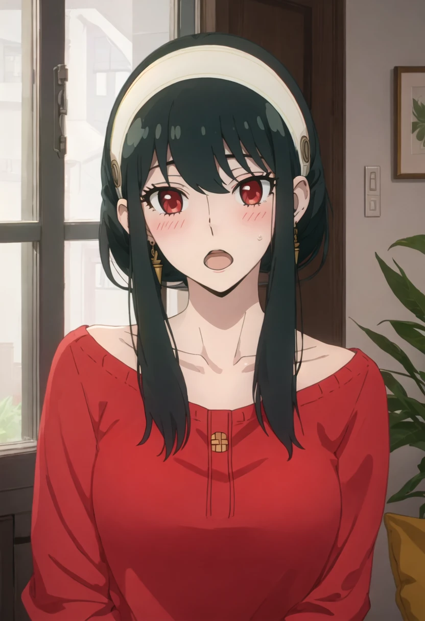 best quality, masterpiece, highres, solo, {yor_briar_spyxfamily:0.90}, 1girl, open_mouth, red_sweater, upper_body, collarbone, short_hair_with_long_locks, blush, indoors, jewelry, looking_at_viewer