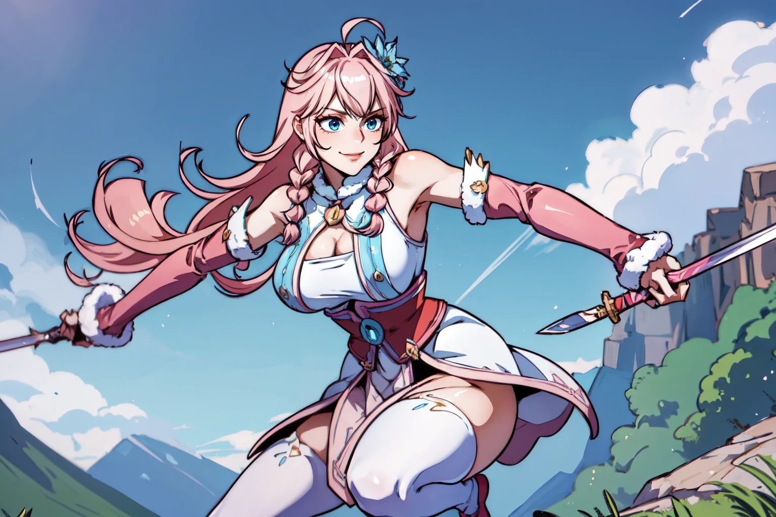 a woman dynamic fighting stance, holding sword on grip:1.2, on a mountain, cute smile, butterflies, beautiful eyes, beautiful girl, high detail skin, high detail eyes, high detail hair, highres, ultra detailed, sharpen picture, Highly detailed, masterpiece, best quality, photorealistic,
 <lora:Xiao RouqingLora:0.8> 1girl, long pink hair, bangs, bare shoulders, dress, ahoge, twin braids, detached sleeves, fur trim, gloves, hair flower, thighhighs, cleavage