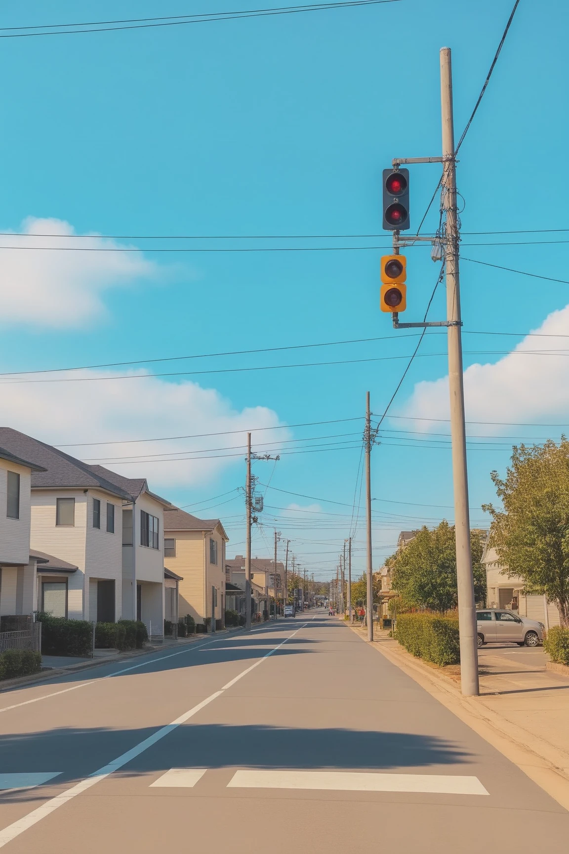 <lora:Anchestreet-V1:0.7>,anchestreet, no humans, outdoors, road, scenery, crosswalk, sky, power lines, building, street, utility pole, day, city, cloud, tree, road sign, blue sky
