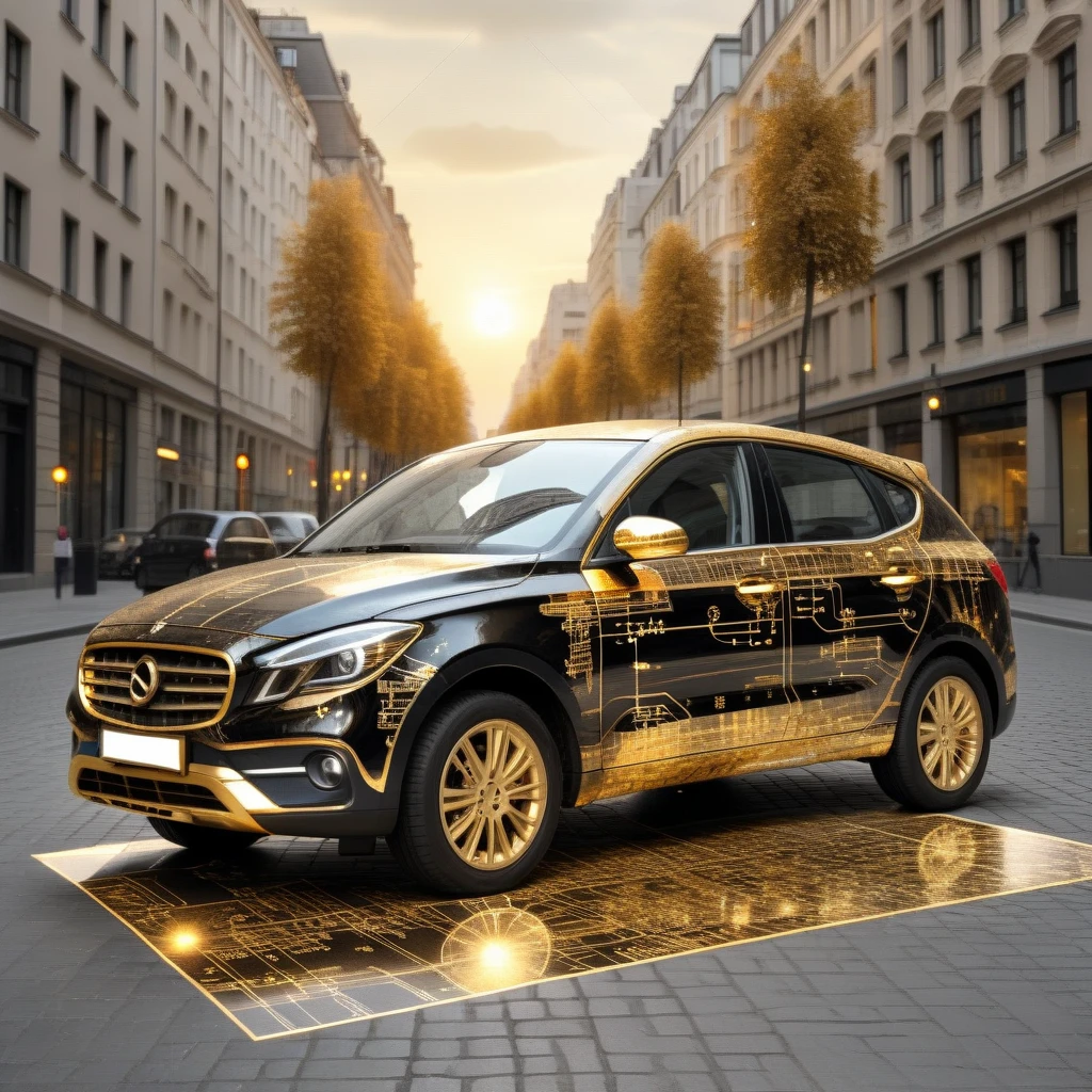 ampereart modern black car covered with golden electrical diagrams, on a city street, professional light and atmosphere, very realistic <lora:ampereart:0.9>