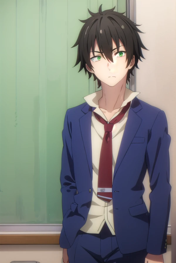 fudounomura, <lora:fudou nomura s1-lora-nochekaiser:1>,
fudou nomura, black hair, male focus, (green eyes:1.3), 
BREAK school uniform, jacket, necktie, pants, blazer, red necktie, shirt, white shirt, collared shirt,
BREAK indoors, classroom,
BREAK looking at viewer, (cowboy shot:1.5),
BREAK <lyco:GoodHands-beta2:1>, (masterpiece:1.2), best quality, high resolution, unity 8k wallpaper, (illustration:0.8), (beautiful detailed eyes:1.6), extremely detailed face, perfect lighting, extremely detailed CG, (perfect hands, perfect anatomy),