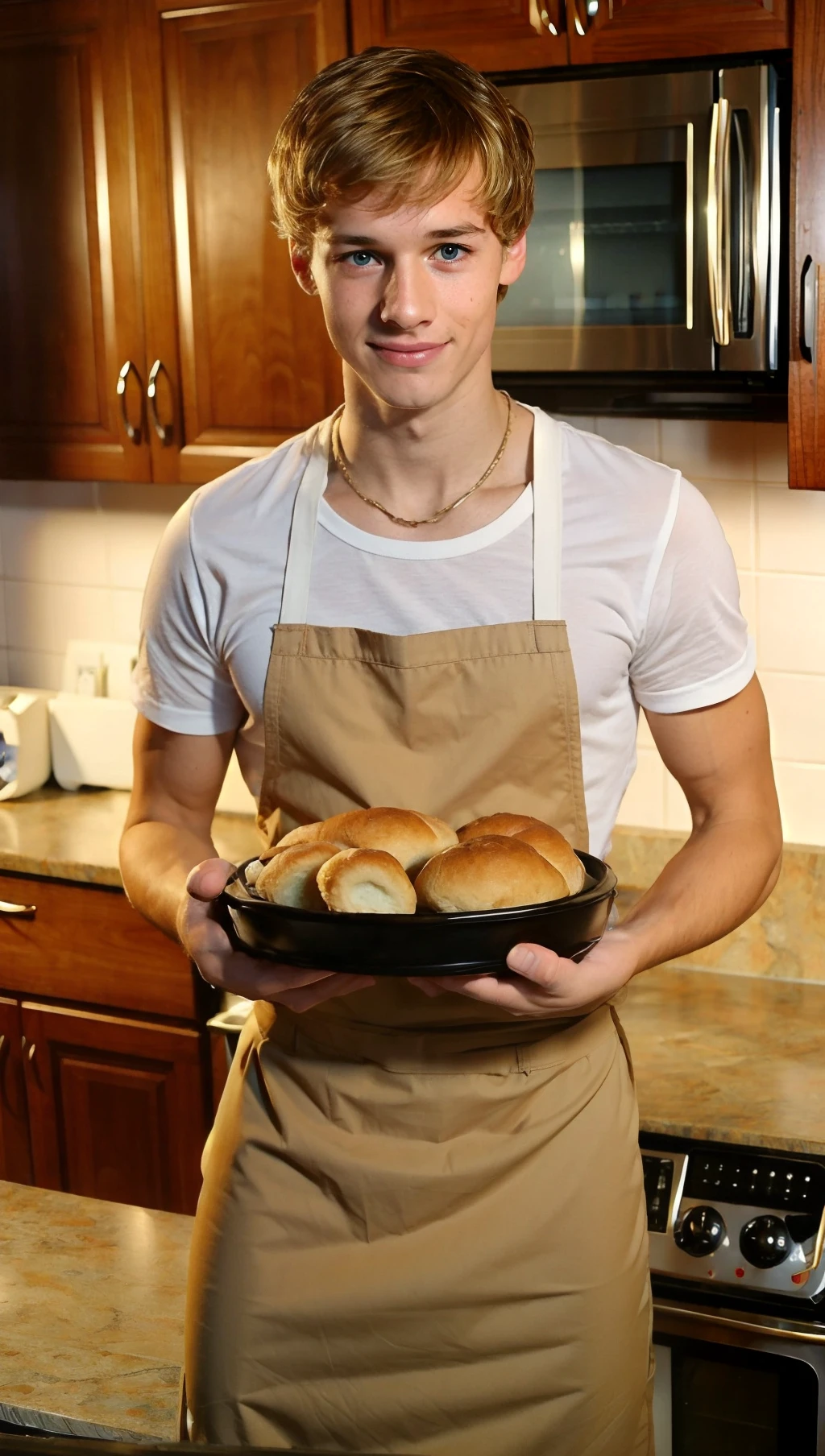 <lora:E5145306FB:0.7> (Sammy, twink) (1boy) Sammy Case, 20 years old, leaves the adult video business for a red apron working as an apprentice at his uncle s local bakery. Wearing a hairnet and a friendly smile, he expertly crafts rows of fresh loaves of bread, learning the trade from the ground up. His charm and natural charisma never falter, even as (he balances a tray of rolls and buns). His friends and family love to drop by for a sweet treat, just to catch a glimpse of their local celebrity baker. RAW photo, detailed photo, gorgeous, shallow depth of field, bokeh, surreal:0.4), hyper detailed photorealistic life-like accurate proportional 8k sharp focus, (accurate cinematic lighting), photorealistic detail, (selective focus:0.6)