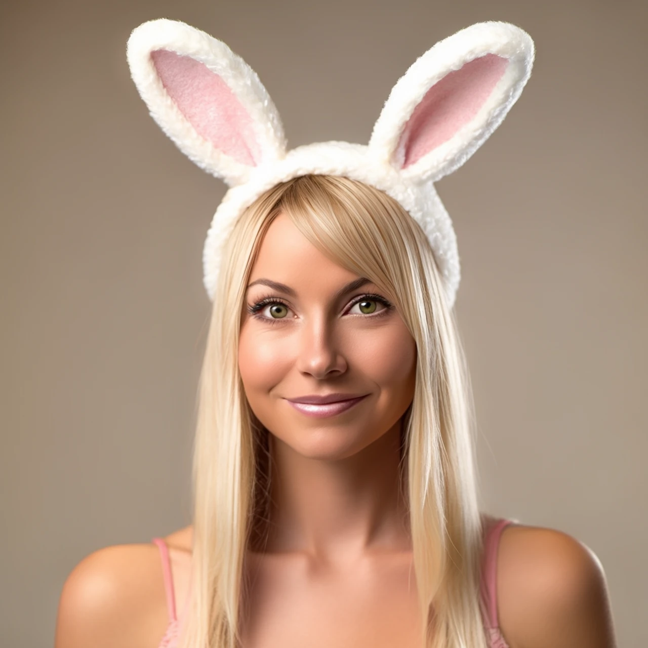 35 year old woman wearing bunny ears and bunny tail, very detailed, very realistic faces, legs can be seen, professional camera, long shot