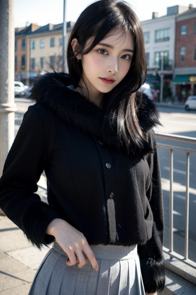 1girl,best quality,masterpiece,illustration,an extremely delicate and beautiful,CG,unity,8k wallpaper,Amazing,finely detail,masterpiece,official art,extremely detailed CG unity 8k wallpaper,incredibly absurdres,huge filesize,ultra-detailed,highres,extremely detailed,beautiful detailed girl,realistic,outdoors,<lora:Shiomi Matoi:0.8>,(fur_clothing:1.4),(black fur_skirt:1.4),