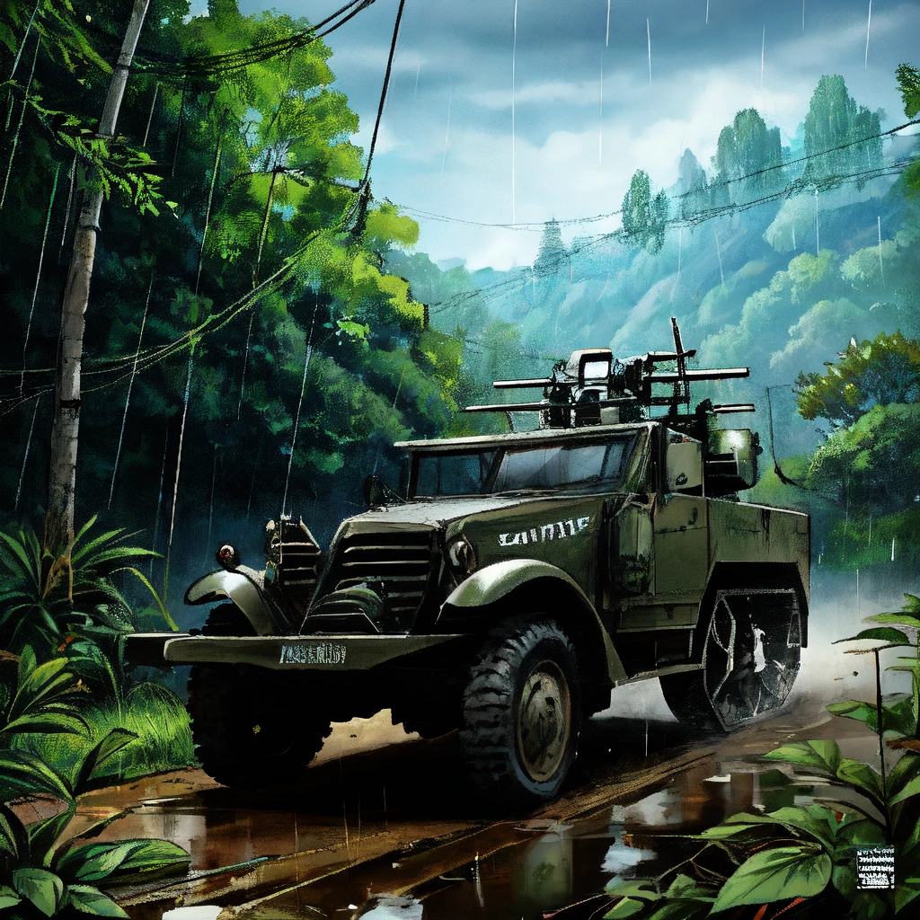m16mtchppr, ground vehicle, outdoors, scenery, blue sky, weapon, machine gun, pulp_comic, heavy_lines, hand_drawn, hand_inked, hand_colored, jungle, vines, mud, rain,