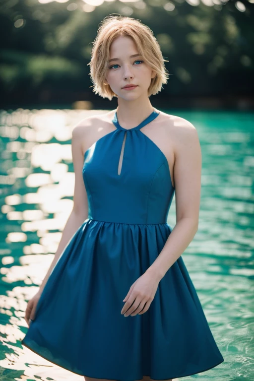 wo_haleyben01, cinematic film still a woman standing wear a blue dress, stunning, on the surface of the water, 35mm photograph, film, professional, 4k, highly detailed, shallow depth of field, vignette, highly detailed, high budget, bokeh, cinemascope, moody, epic, gorgeous, film grain, grainy,<lora:woHaleyBen01Merged:0.850000>