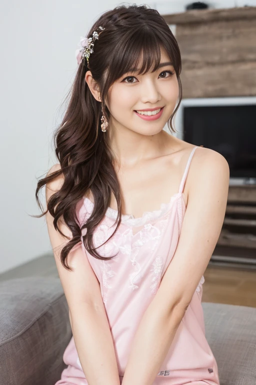 1girl, (pink long camisole:1.6),(RAW photo, best quality:1.4), (realistic, photo-realistic:1.4), masterpiece, an extremely delicate and beautiful, extremely detailed, 2k wallpaper, Amazing, finely detail, extremely detailed CG unity 8k wallpaper, ultra-detailed, highres, soft light, beautiful detailed girl, extremely detailed eyes and face, beautiful detailed nose, beautiful detailed eyes,cinematic lighting,(blurry,bokeh backgound:1.6),(living room:2.0),perfect anatomy,(slender body:1.0),(close up face,focus face:1.4),(smile,Friendly, warm:2.0),(looking at viewer:1.8),(young japanese idol:1.8),(wavy brown hair:1.8), (brown eyes:1.8),(sitting on the sofa:1.6), <lora:maekawaryouko_lora-v2_04:0.8>