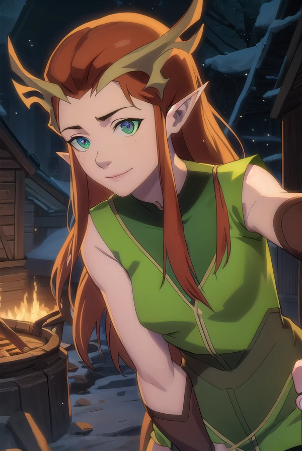 keyleth, <lora:keyleth-lora-nochekaiser:1>,
keyleth, long hair, brown hair, (green eyes:1.3), pointy ears, elf, antlers, freckles, smile,
BREAK thighhighs, gloves, boots, fingerless gloves, thigh boots, brown footwear, green dress,
BREAK outdoors, forest, nature,
BREAK looking at viewer, (cowboy shot:1.5),
BREAK <lyco:GoodHands-beta2:1>, (masterpiece:1.2), best quality, high resolution, unity 8k wallpaper, (illustration:0.8), (beautiful detailed eyes:1.6), extremely detailed face, perfect lighting, extremely detailed CG, (perfect hands, perfect anatomy),