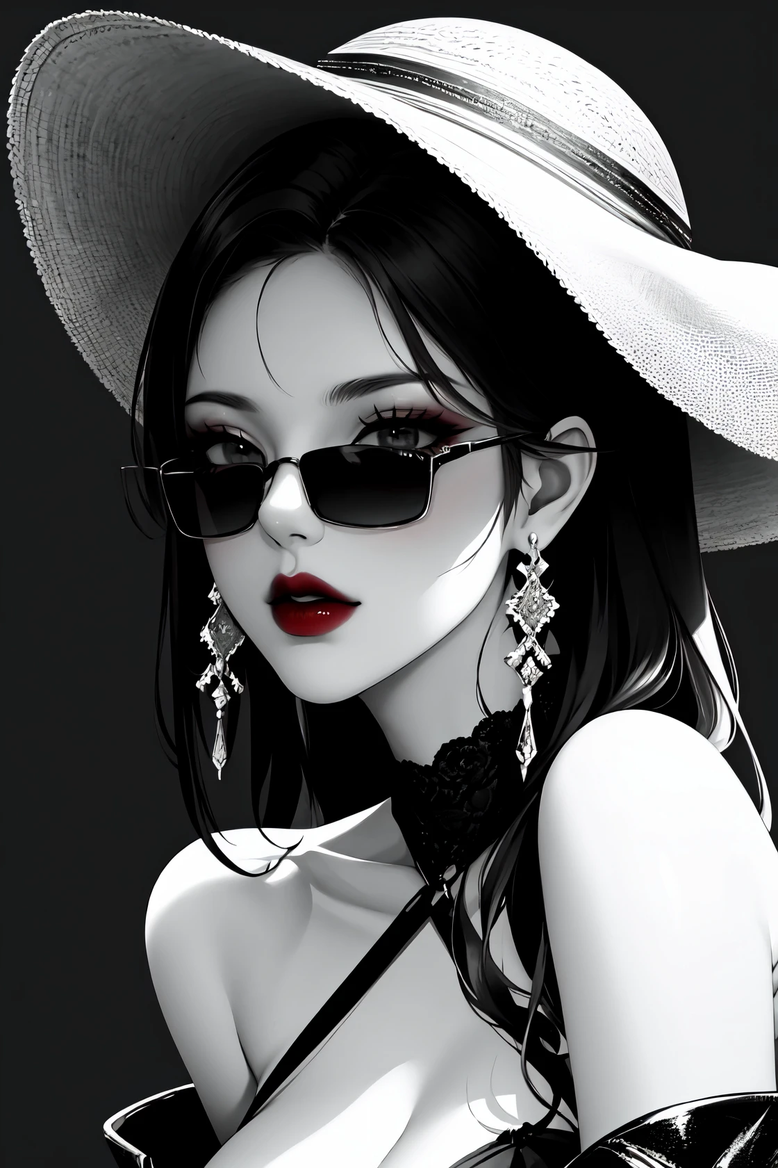 1girl, sunglasses, solo, hat, lipstick, red lips, long hair, dress, plunging neckline, makeup, monochrome, white background, earrings, cleavage, jewelry, upper body, spot color, hair over shoulder,dark theme,shiny,shiny skin,milf,(mature female:1.2), <lora:fashigirl-v7-lokr-7ep:0.8>