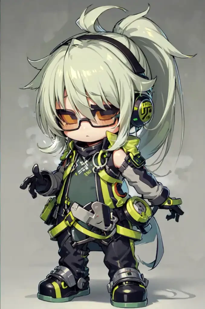 zerogc,  gloves, full body, ponytail, chibi, headphones,  tinted eyewear