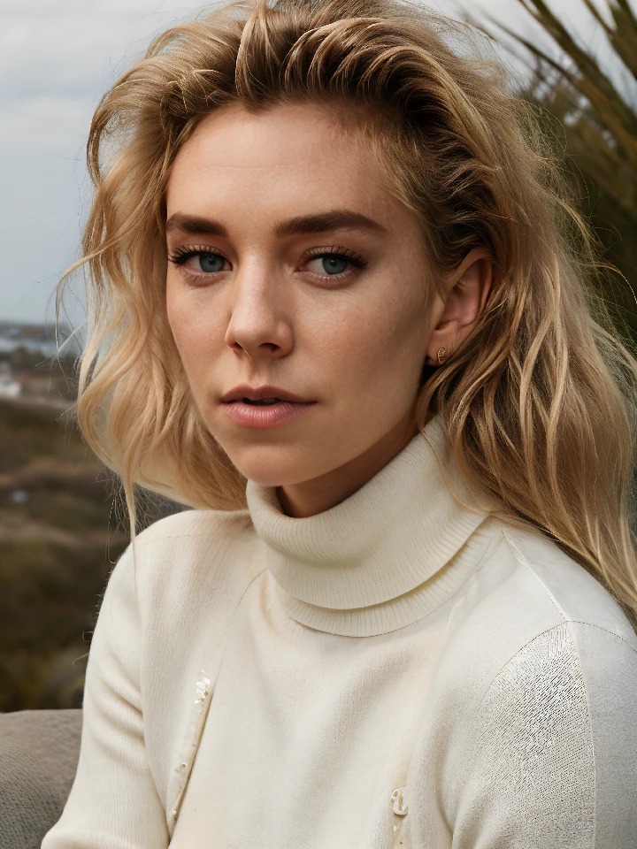 raw photo of vnk,blonde long wavy hair,(close-up:1.2),sitting,wearing turtleneck sweater,dof,volumetric lighting,masterpiece,extremely detailed,cinematic