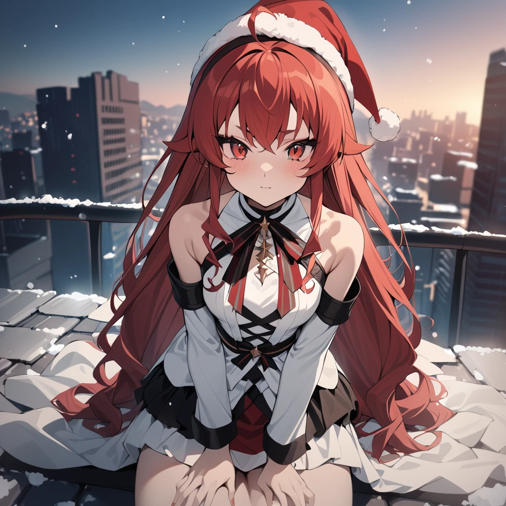 (high quality, masterpiece:1.6), <lora:ERIS_GREYRAT:1>, eris greyrat, long red hair, red eyes, black eyeliner, ahoge, from front, on top of building, snowing, santa hat, black and white dress