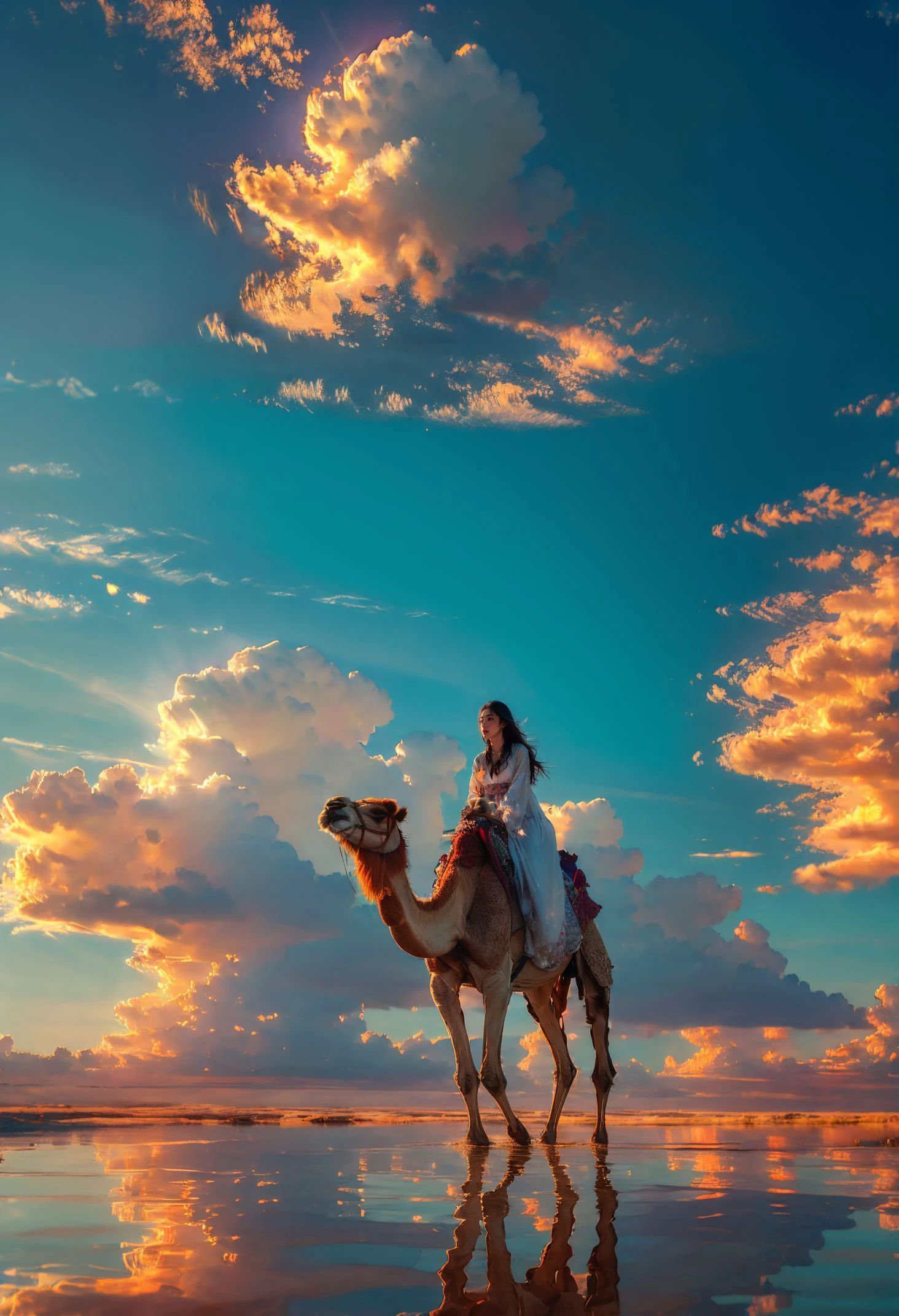 xuer riding camel,sky,cloud,1girl,reflection,scenery,solo,outdoors,dress,long hair,blue sky,day,cloudy sky,water,wide shot,white dress,horizon,reflective water,star \(sky\),
<lora:~Q?-N xuer riding camel:0.8>,