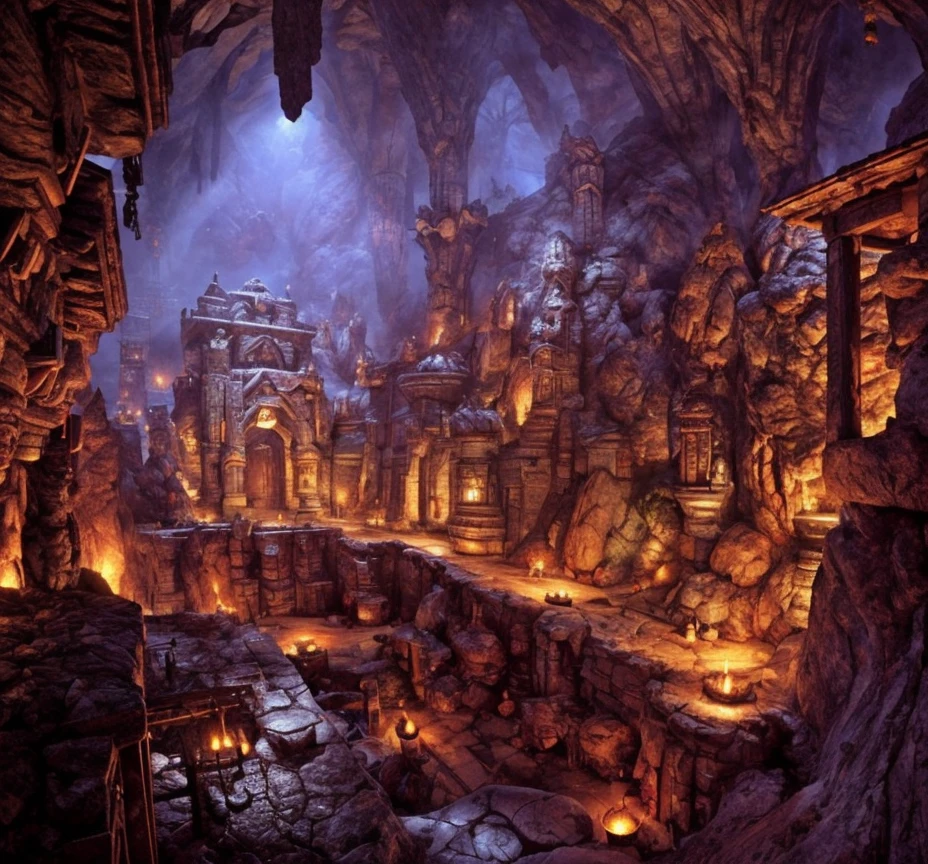 (masterpiece:1.2), (best quality,:1.2), 8k, HDR, ultra detailed, ((photorealistic)), professional light, cinematic lighting, fashion photography, ambient lighting, atmospheric effects, <lora:detail_slider_v4:3>, a large underground fantasy dwarven mine, torches on walls, DwaRe, <lora:DwarvenRealms-10:1>, in the style of Tolkien, Middle Earth, Moria, epiCPhoto