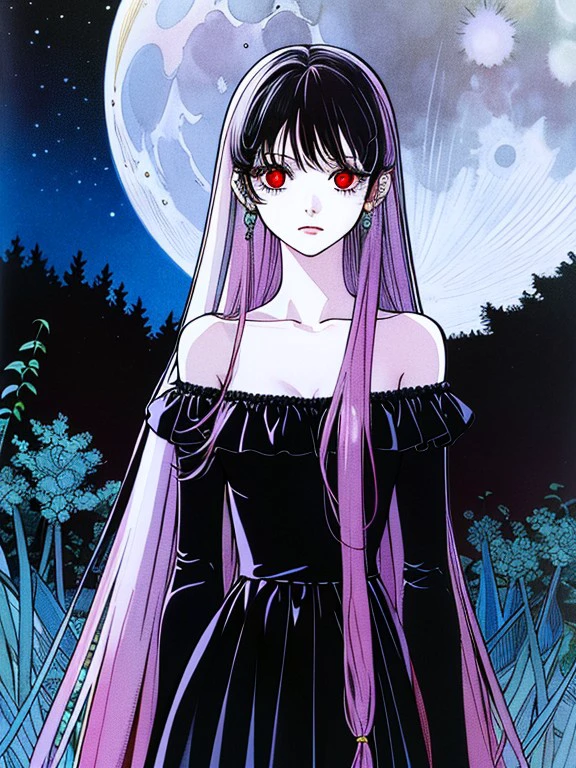 masterpiece, high quality, a girl, white long hair, red eyes, black dress, in the forest, night, moon<lora:J_pastel_color:0.9> j_pastel_color