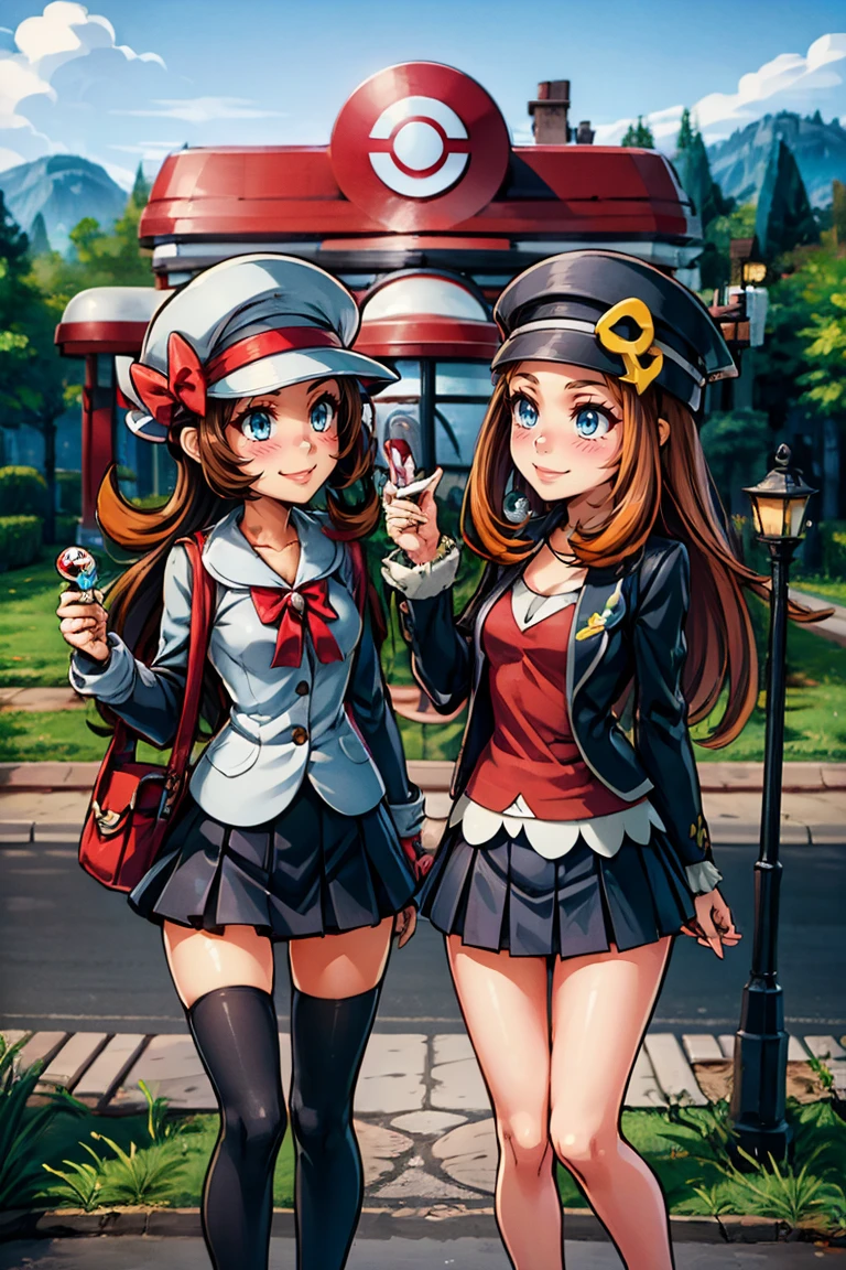 with a girl、beautiful girl、とても可愛くて美しいwith a girl、exterior、narrow eyes、long eyelashes、brown hair、茶色いhair length、hair length、bangs、blue eyes、huge breasts、huge ass、thin waist、red leather bustier、black leather shorts、Red Ten-Gallon Hat、
