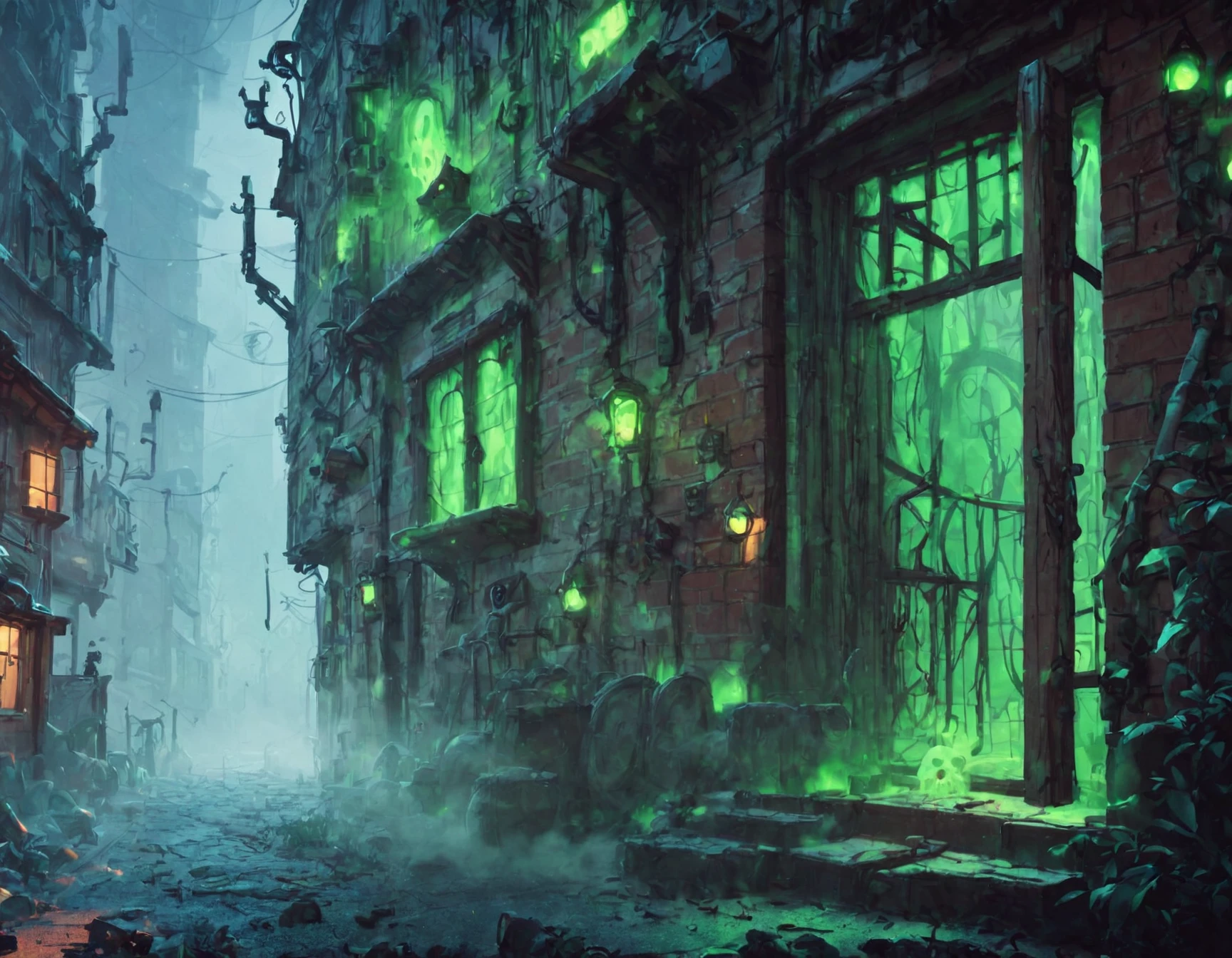 <lora:GhostPirateWorldPonyXL:1> ghostpirateworld, winding alley way with windows and doors, gloomy, green glowing energy, night, fog, mist, score_9, score_8_up, score_7_up, score_6_up, score_5_up, score_4_up,
