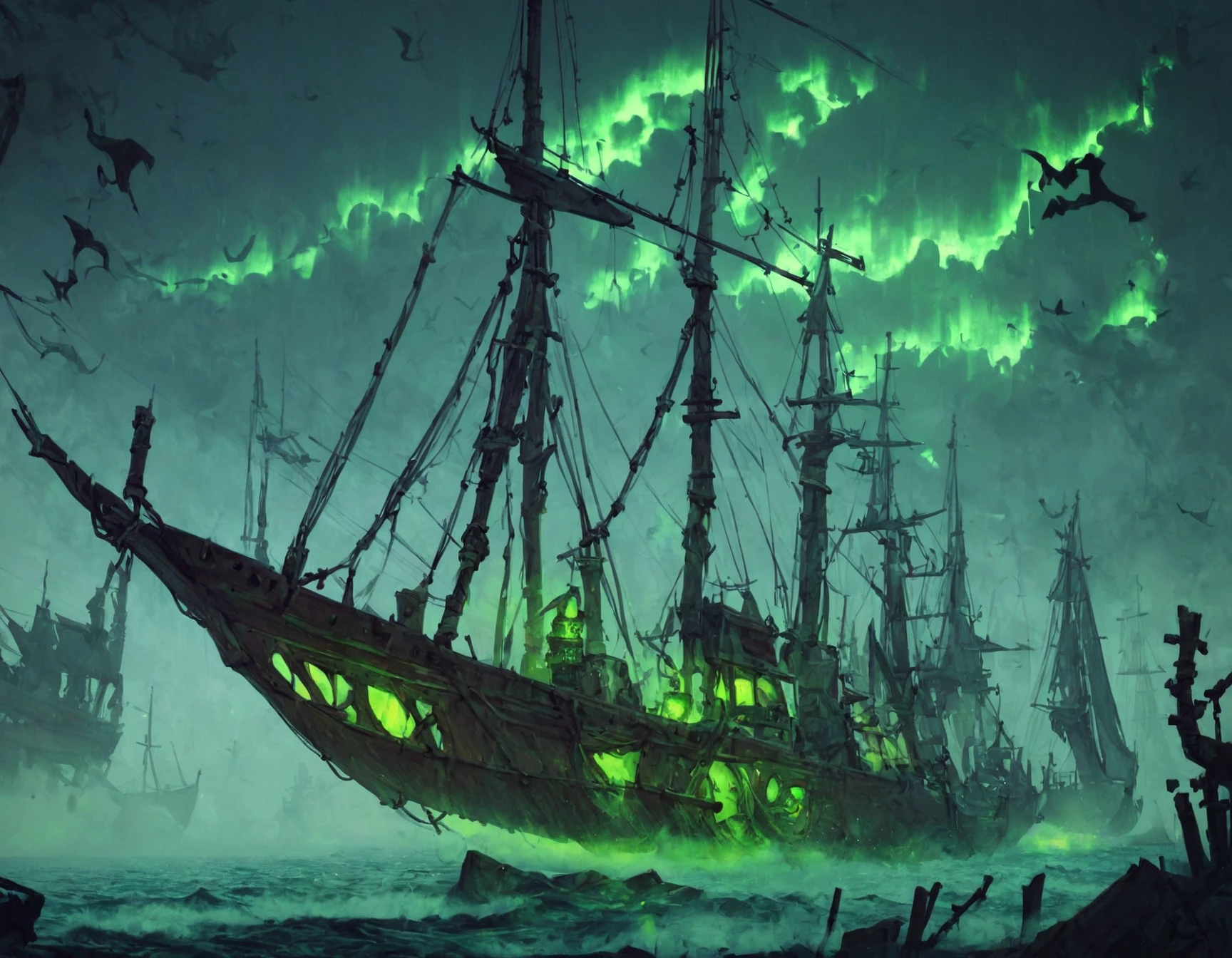<lora:GhostPirateWorldPonyXL:1> ghostpirateworld, ship, gloomy, green glowing energy, night, fog, mist, score_9, score_8_up, score_7_up, score_6_up, score_5_up, score_4_up,