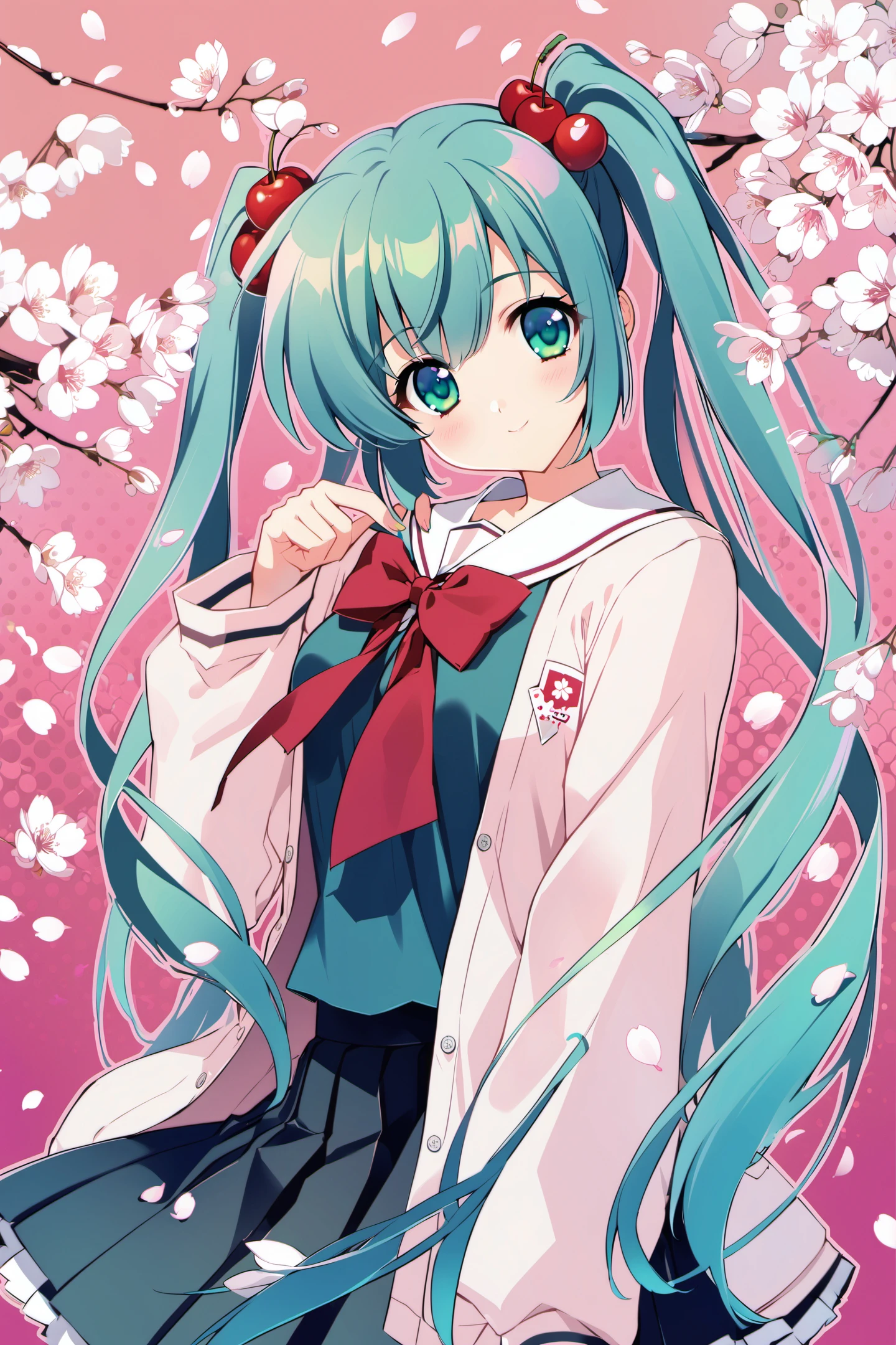 1girl,solo,hatsune miku,school uniform,green hair,cherry blossoms,cherry hair ornament,hanami,sakura,smile,looking at viewer,<lora:Carnelian_XL:0.8>,