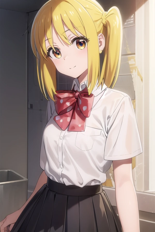 nijikaijichi, <lora:nijikaijichi-lora-nochekaiser:1>,
nijika ijichi, ahoge, (yellow hair:1.5), (brown eyes:1.5), long hair, one side up, (flat chest:1.2), smile,
BREAK (black skirt:1.5), bow, bowtie, collared shirt, pleated skirt, polka dot, polka dot bow, red bow, (red bowtie:1.5), red footwear, shirt, shoes, short sleeves, skirt, socks, (white shirt:1.5), white socks,
BREAK indoors, classroom,
BREAK looking at viewer, (cowboy shot:1.5),
BREAK <lyco:GoodHands-beta2:1>, (masterpiece:1.2), best quality, high resolution, unity 8k wallpaper, (illustration:0.8), (beautiful detailed eyes:1.6), extremely detailed face, perfect lighting, extremely detailed CG, (perfect hands, perfect anatomy),