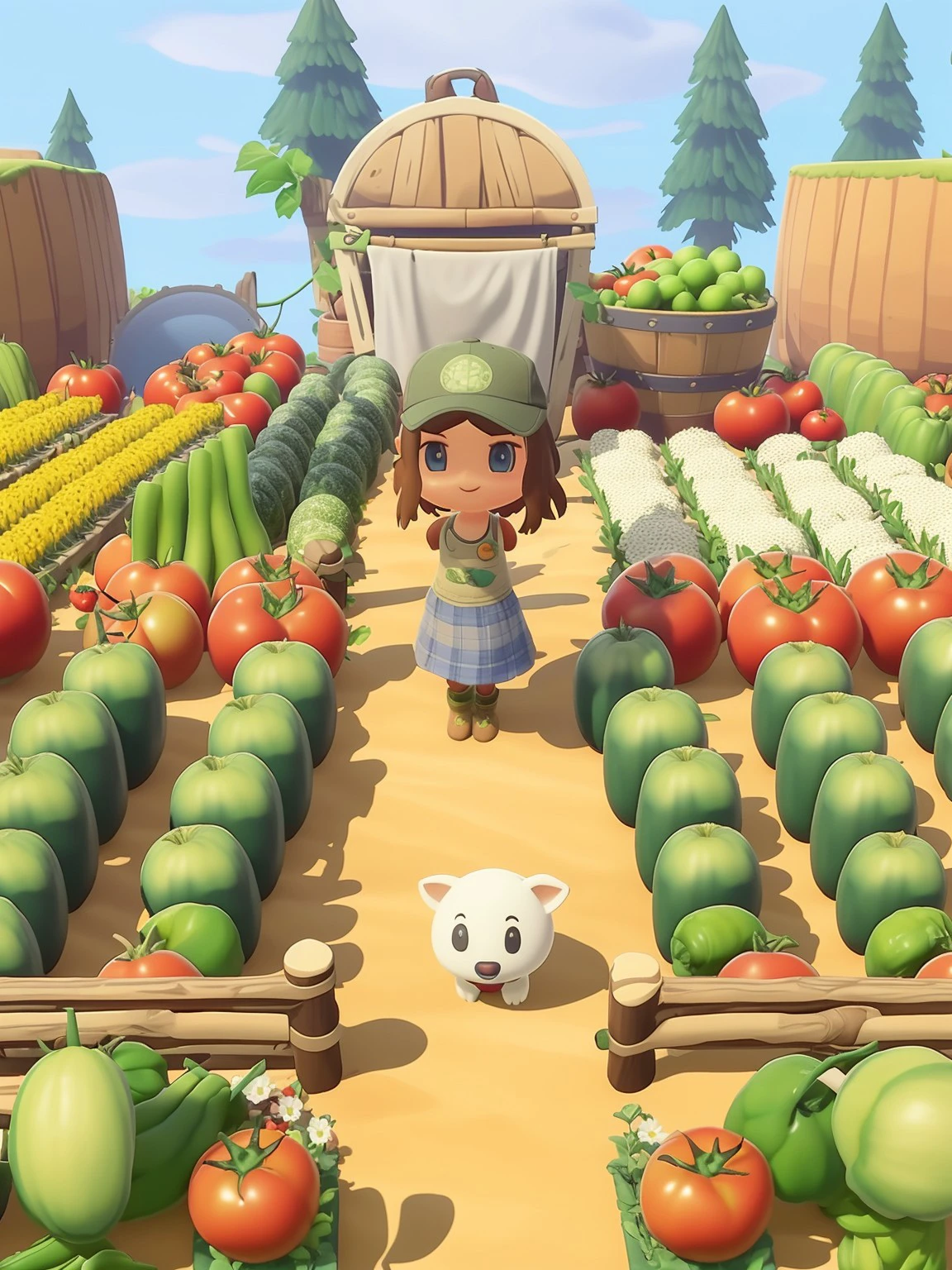 masterpiece, high quality, A field, a lovely girl, tomatoes, cucumbers, beans, squash <lora:J_game_background:0.9> j_game_background