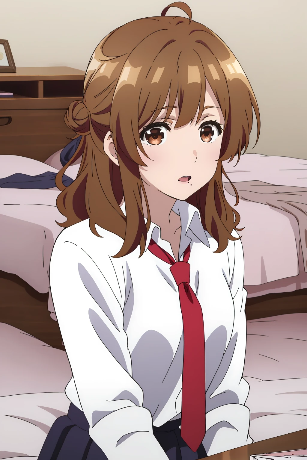 ((best quality)),((highly detailed)),masterpiece,absurdres,detailed face,beautiful face,(detailed eyes, deep eyes),1girl,((dynamic pose)) , <lora:YuzuV1:0.8>, Yuzu, brown hair, solo, necktie, brown eyes, mole, mole under mouth, red necktie, shirt, white shirt, looking at viewer, bed, long hair, indoors, upper body, school uniform, open mouth, breasts, collared shirt, bangs, single hair bun, medium hair, hair bun, long sleeves, ahoge, bedroom, skirt, parted lips, mole under eye, medium breasts, dress shirt, book, on bed, collarbone