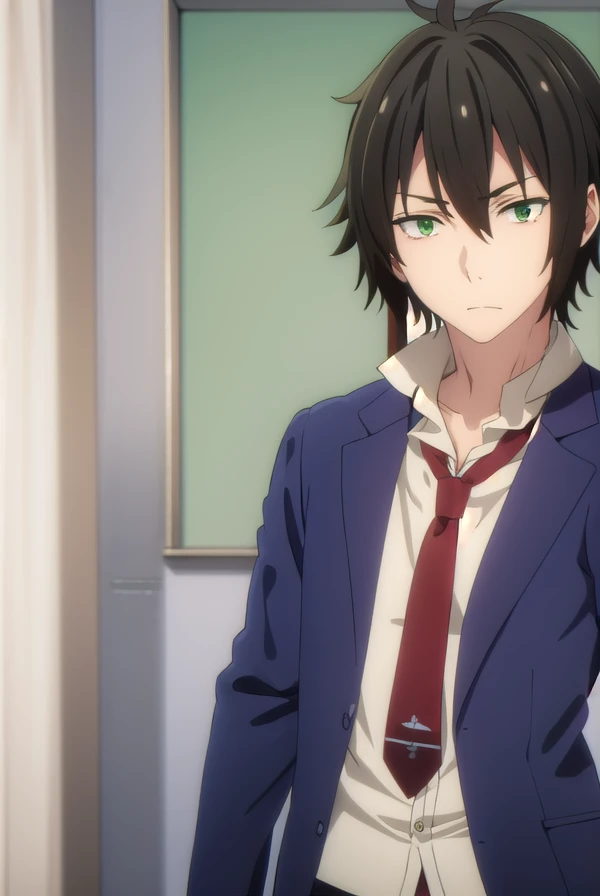 fudounomura, <lora:fudou nomura s1-lora-nochekaiser:1>,
fudou nomura, black hair, male focus, (green eyes:1.3), 
BREAK school uniform, jacket, necktie, pants, blazer, red necktie, shirt, white shirt, collared shirt,
BREAK indoors, classroom,
BREAK looking at viewer, (cowboy shot:1.5),
BREAK <lyco:GoodHands-beta2:1>, (masterpiece:1.2), best quality, high resolution, unity 8k wallpaper, (illustration:0.8), (beautiful detailed eyes:1.6), extremely detailed face, perfect lighting, extremely detailed CG, (perfect hands, perfect anatomy),