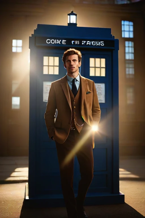 full-body shot of beautiful english man, near a TARDIS, (RAW, analog, Nikon Z 85mm, award winning photograph, ((best quality)), ((masterpiece)), ((realistic)), radiant light rays, highres, detailed facial features, high detail, sharp focus, smooth, aesthetic, extremely detailed, extremely detailed eyes, extremely detailed body, extremely detailed skin