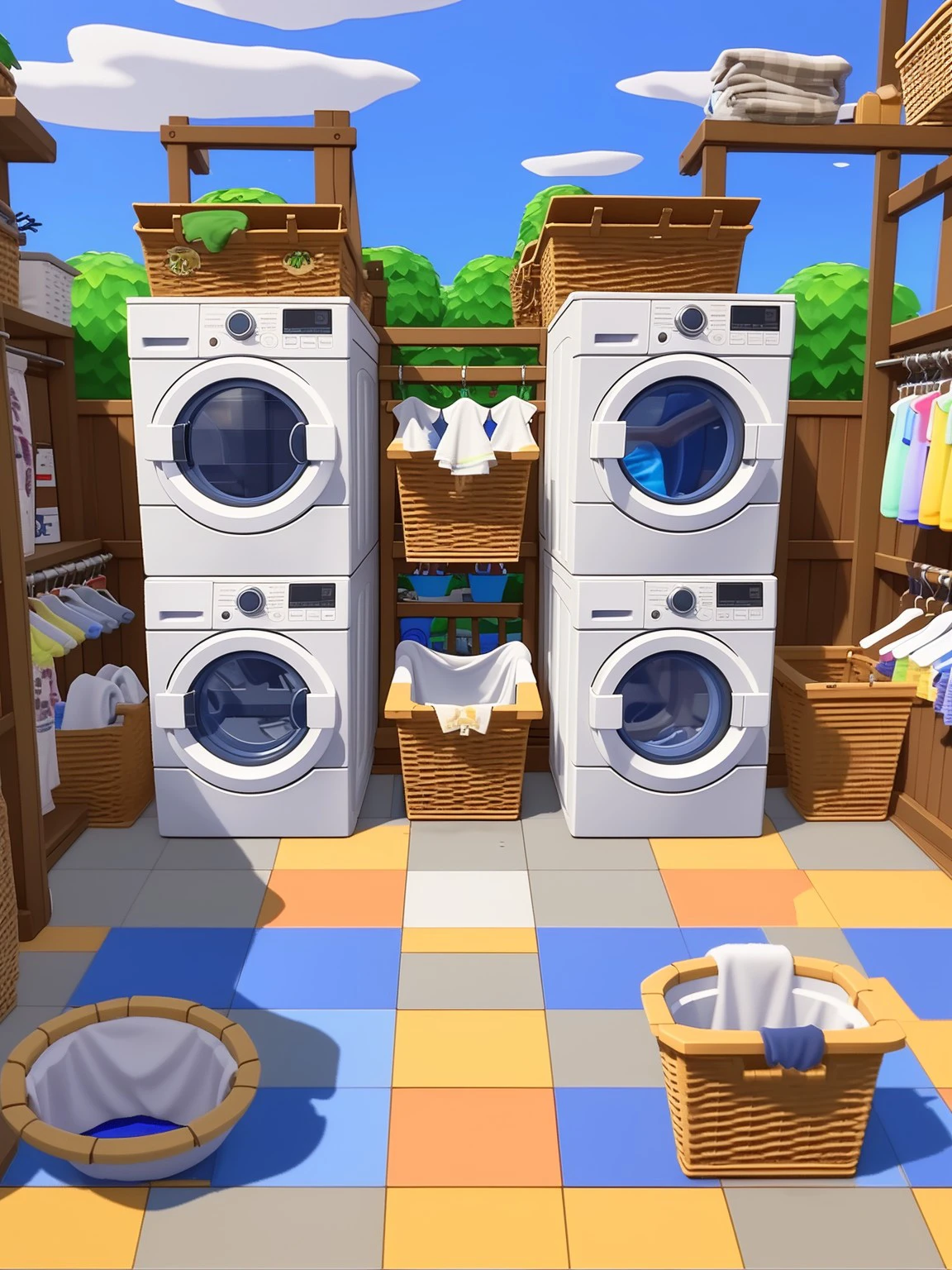 masterpiece, high quality, laundromat, machines, drying racks, baskets<lora:J_game_background:0.9> j_game_background
