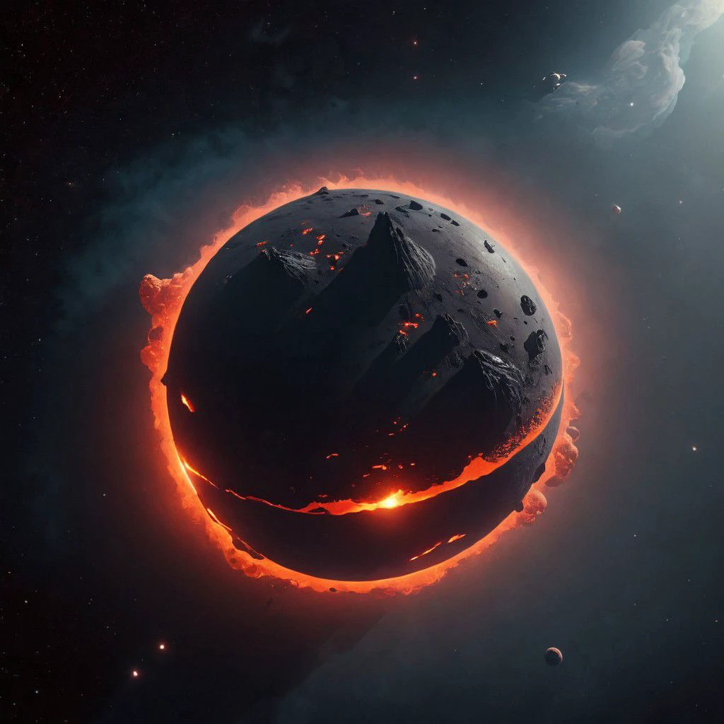 a small floating lava planet with giant vulcans on it floating in space, 
atmospheric haze, Film grain, cinematic film still, highly detailed,