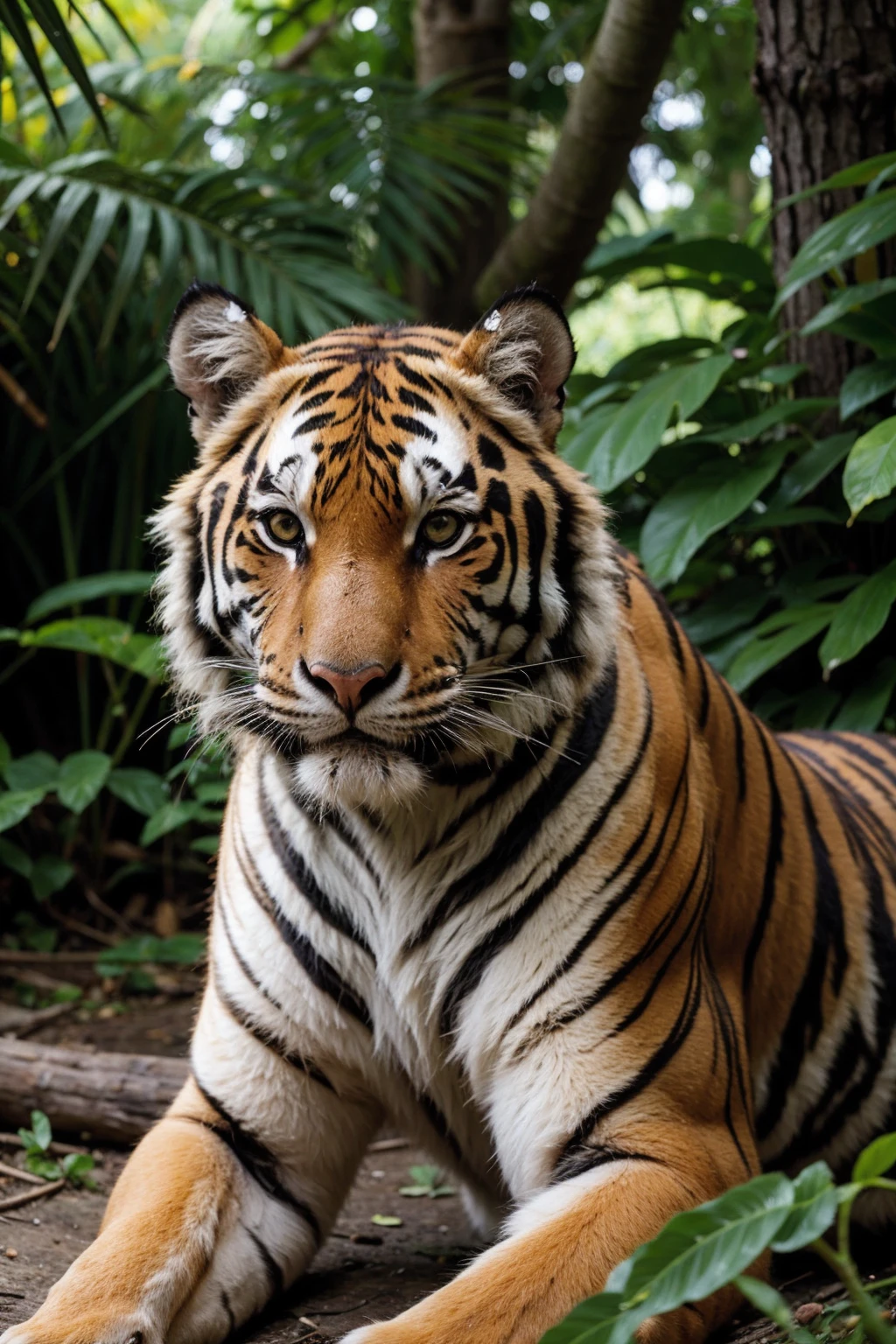 Tiger and dense jungle and dappled sunlight and eye level.