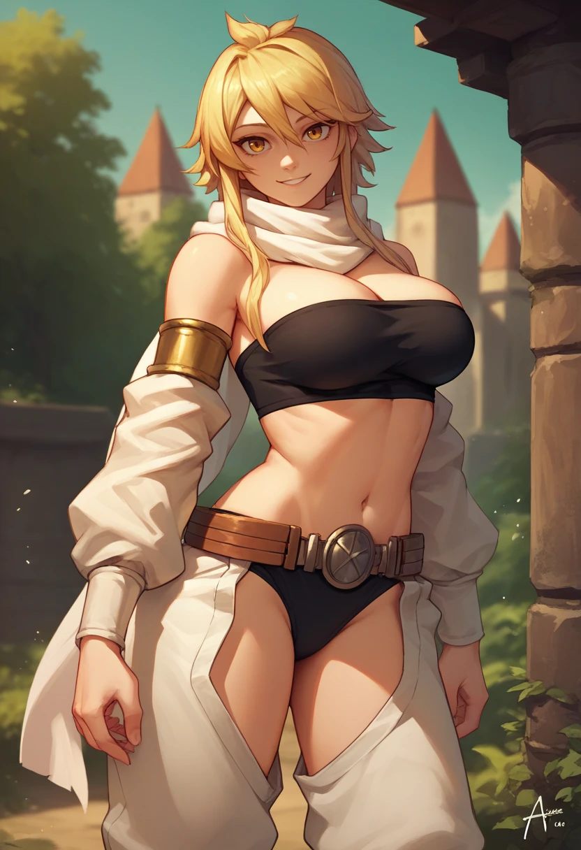 score_9, score_8_up, score_7_up, source_anime, solo, 1girl, agkleone, smile, looking at viewer, standing, bandeau, detached sleeves, white pants, underwear, black panties, white scarf, belt, large breasts, outdoors <lora:agk_leone_ponyXL:1>
