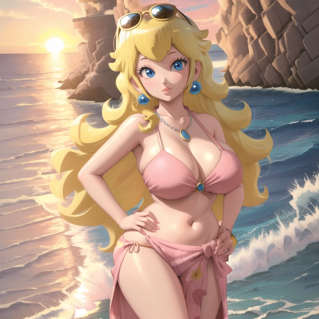 masterpiece, best quality, 4k, high res, detailed, <lora:PrincessPeach2B:0.7>, detailed background, beautiful blue eyes, CARTOON, ANIME, CARTOON ARTSTYLE, detailed face, highest quality, 1girl, solo, long hair, looking at viewer, blue eyes, blonde hair, hair ornament, navel, jewelry, swimsuit, flower, bikini, earrings, outdoors, necklace, lips, eyelashes, ocean, beach, sunglasses, eyewear on head, sunset, sarong, flower necklace, princess peach, huge breasts, thick thighs, cinematic lighting, sunset,  hands on hips, puckered lips