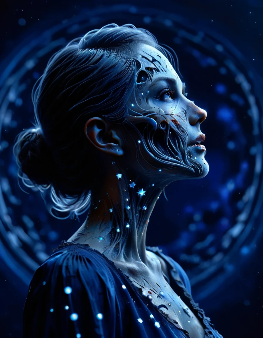 Conceptual art, digital, a glowing neon-colored circle, The head of a woman wearing a blue draped blouse with her hair up is standing in the background of a dark blue night sky. Her blouse is decorated with dots of stars,which seem to be the reflection of stars, starry sky,universe and endless imagination space,realistic and abstract,dreamy and surrealistic,the use of colors is very unique. The dark blue background forms a harmonious unity with the female blue dress,but also highlights, creativity and exquisite painting,mysterious,romantic and surreal atmosphere, made out of ral-zmbyz <lora:ral-zmbyz:1>