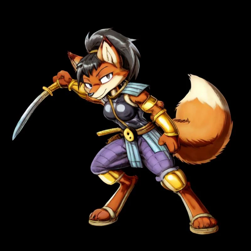 anthro,
female,
solo,
fox,
ninja,
katana,
slim,
colour,
colored,
random pose,
bracelets,
golden bracelets,
arm bracers,
gold arm bracers,
fox tail,
hair,
black hair,
hair tie,
hair tied,
ponytail
ponytail hairstyle,
exposed forehead,
messy hair,
shoulder pads,
shoulder armor,
flip flops,
sandals,
geta,
geta shoes,
geta footwear,
tabi,
paws,
<dark red fur:1.5>,
<dark red body:1.5>,
purple pants,
pants,
armor,
belt,
yin yang belt,
dark orange fur,
white background,
simple background,
<lora:Ninjara_TMNT-10:1> ninjara_tmnt, (best quality, good quality:1.4),
(by dagasi, by daigaijin),