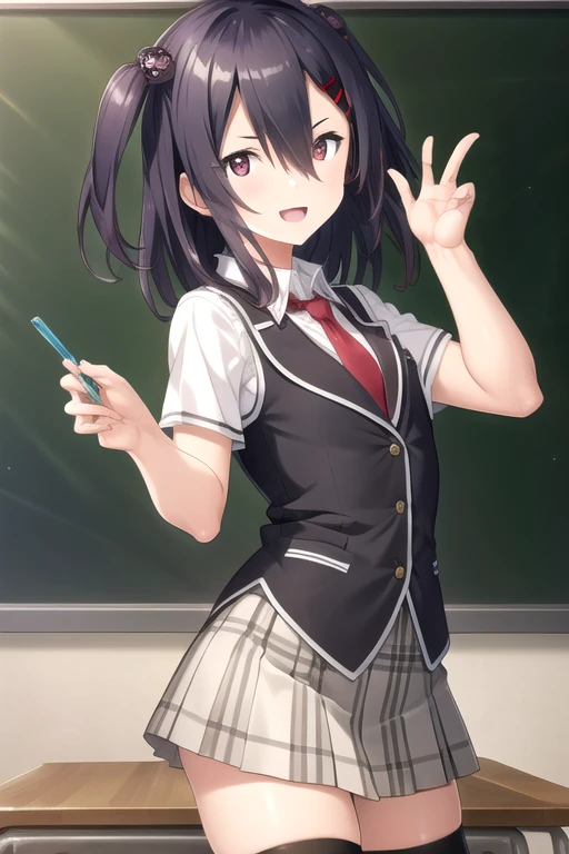 ((masterpiece)),(best quality),official art,extremely detailed CG,unity 8k wallpaper,ultra detailed,beautiful detailed eyes,extremely detailed face,classroom,1girl,solo,cowboy shot,looking at viewer,facing viewer,smile,Hibikino Tsumugi(hscweys),long hair,black hair,shiny hair,one side up,hair ornament,hairclip,sidelocks,hair between eyes,red eyes,black vest,wing collar,red necktie,dress shirt,white shirt,collared shirt,short sleeves,small breasts,miniskirt,white skirt,pleated skirt,plaid skirt,striped skirt,zettai ryouiki,black thighhighs,loafers,<lora:Hibikino Yui(hscweys)>,