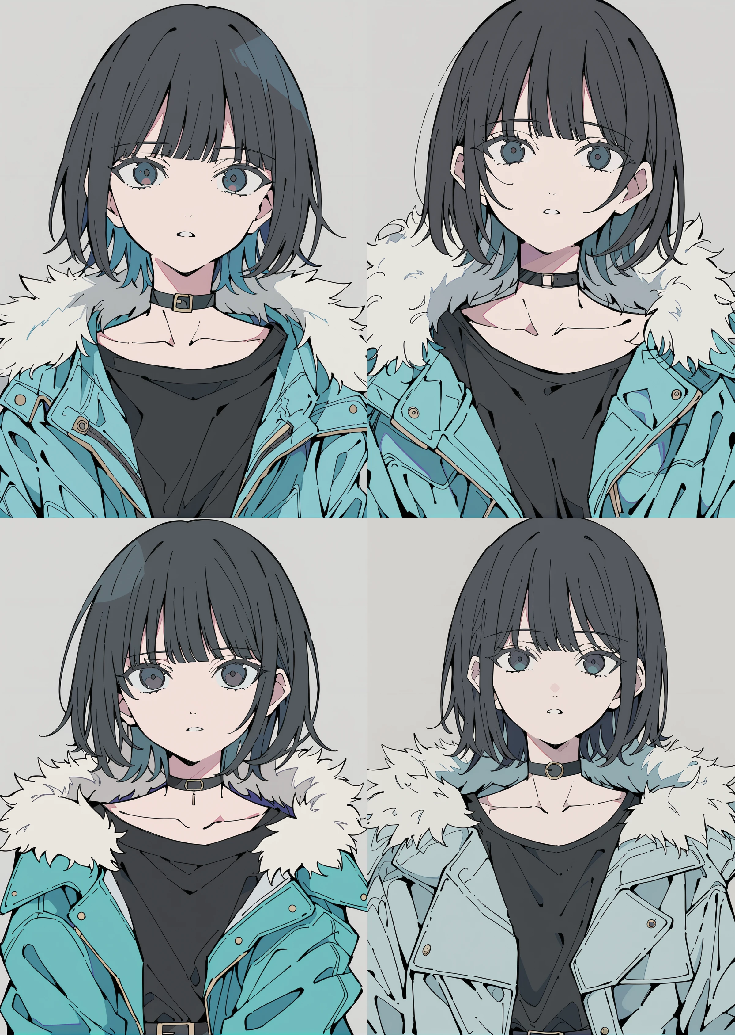 flat color, solo, black hair, black eyes, choker, looking at viewer, parted lips, 1girl, short hair, shirt, collarbone, simple background, black shirt, grey background, jacket, bangs, black choker, fur trim, upper body, belt, <lora:CoolFlatColor-000014:0.8>