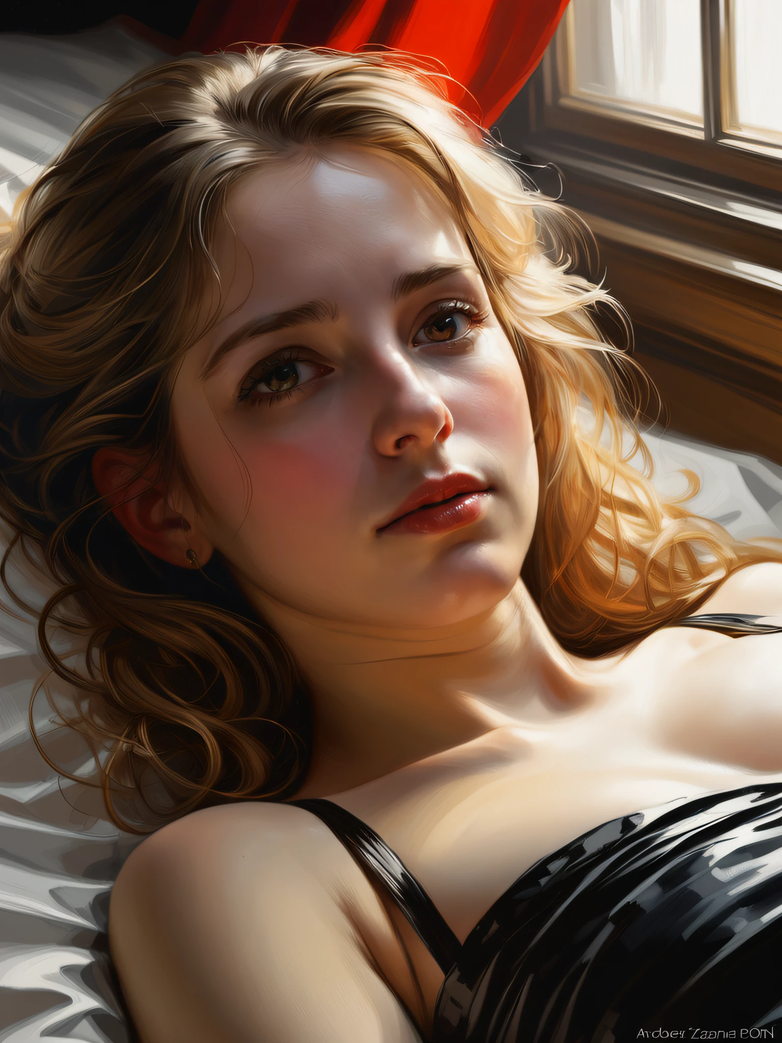 Antoine Blanchard, (masterpiece:1.1), (best quality:1.1), dreamlikeart, absurdres, highres, woman, photorealistic, real, close up, laying down, contrast lighting, by Anders Zorn