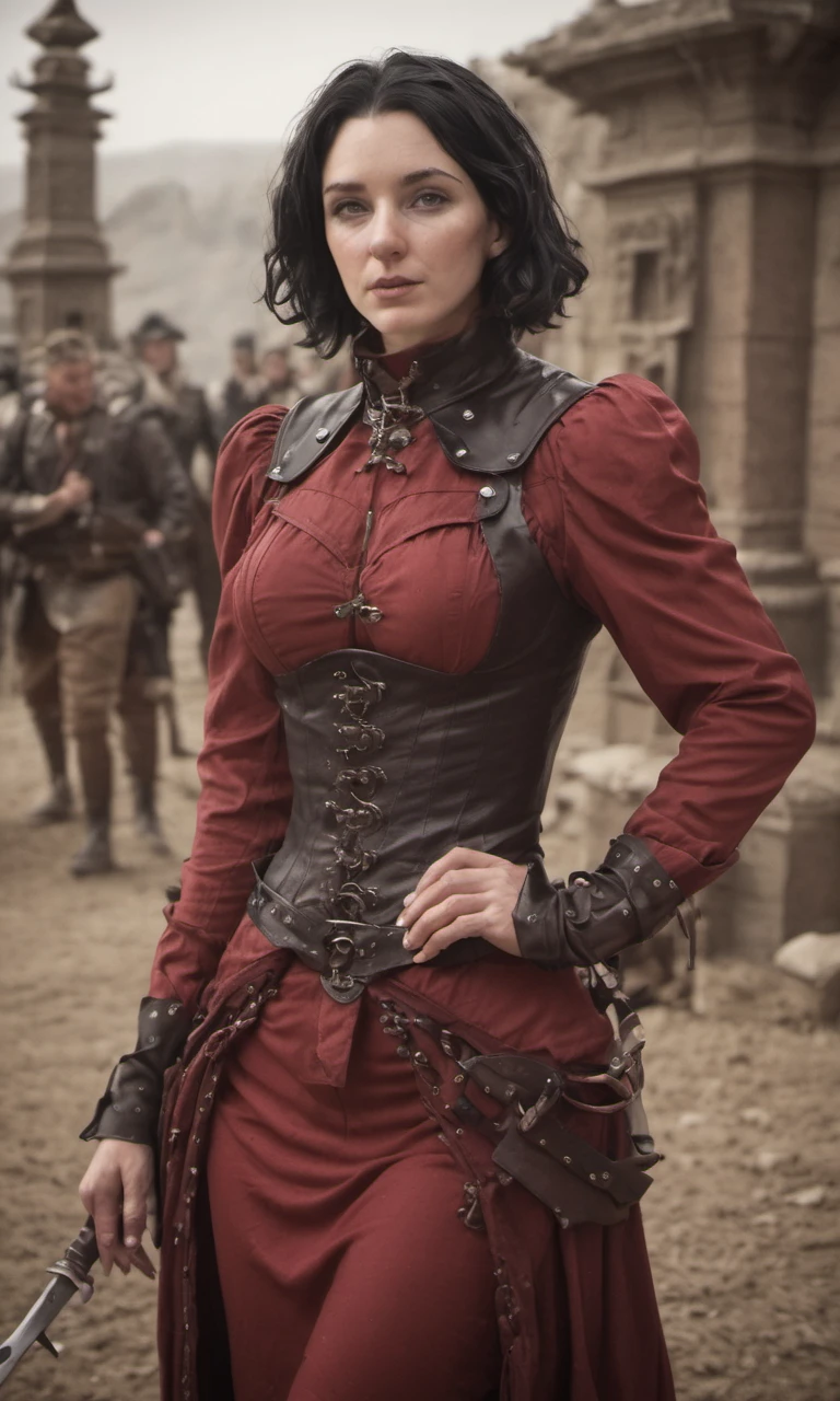 closeup, j3nn1f3r8XL wearing red leather m0rd_s1th outfit, corset, gorget, bracers, sword, intricate detail, cinematic, elegant, complex, highly detailed, sharp focus, ambient light, background, magic, bright, dynamic, professional, unique, cute, beautiful, confident, attractive, gorgeous