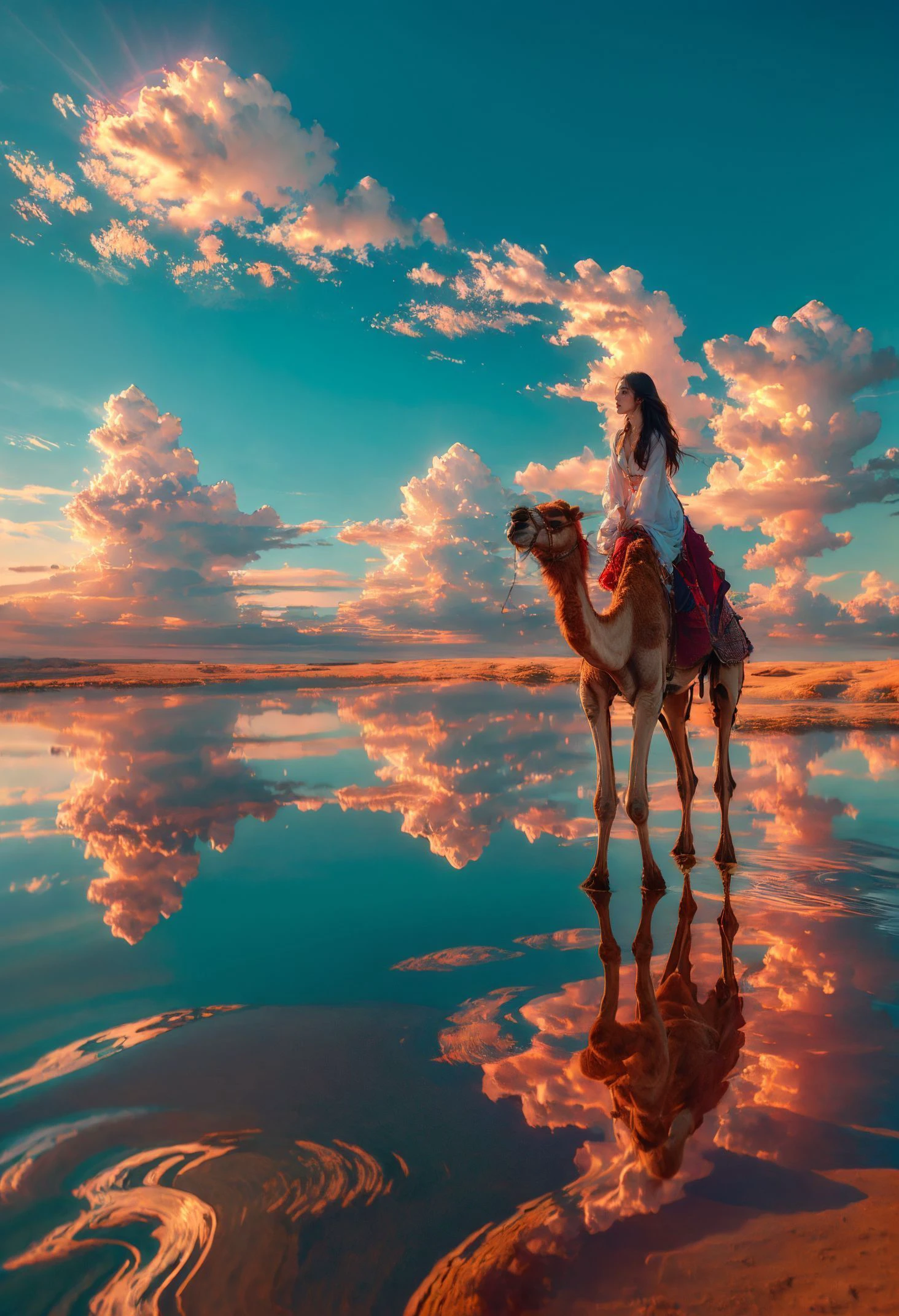 xuer riding camel,sky,cloud,reflection,outdoors,blue sky,cloudy sky,1girl,scenery,day,ripples,solo,water,reflective water,wide shot,
<lora:~Q?-N xuer riding camel:0.8>,