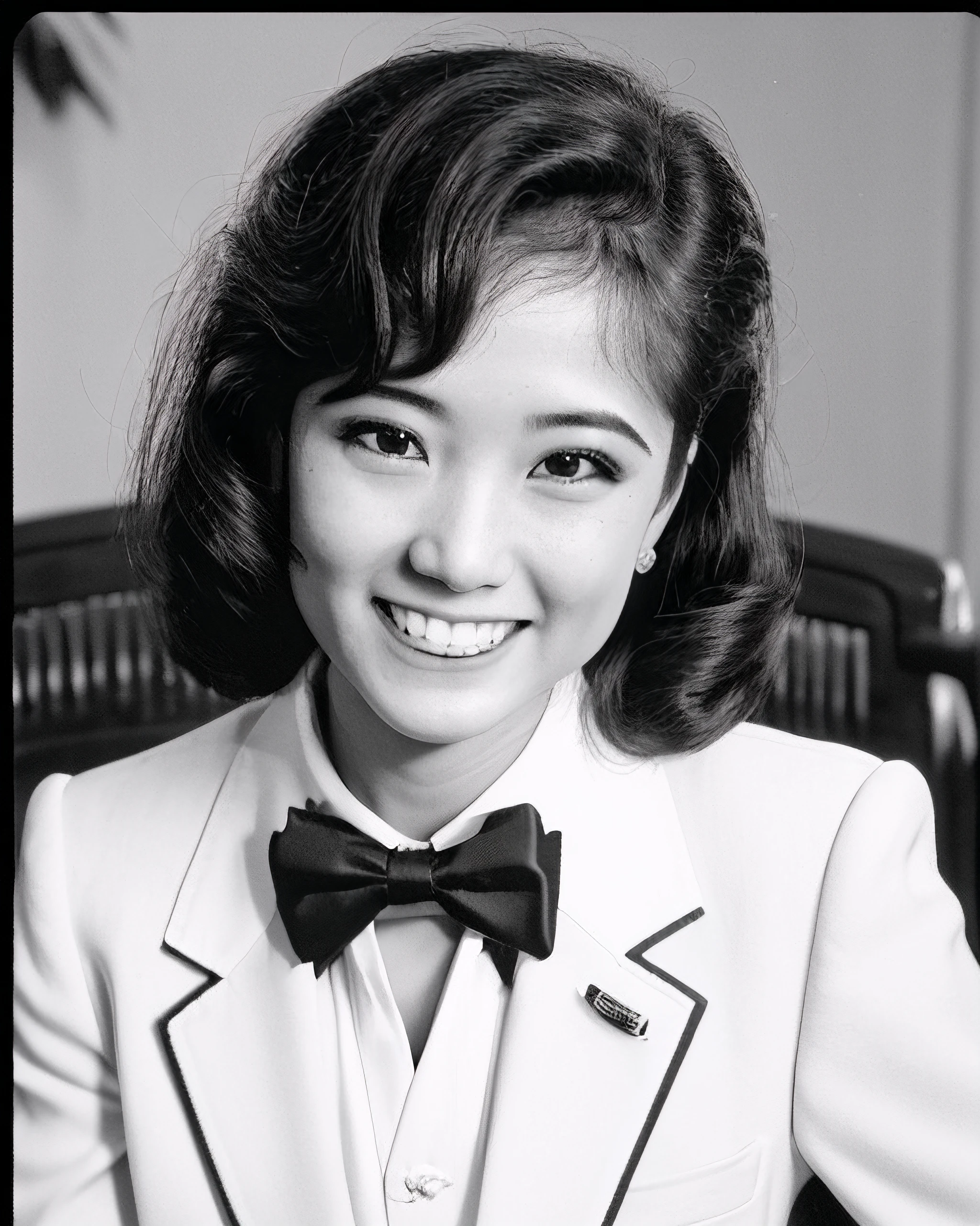 kobetai, monochrome, portrait, 1940's hairdo, formal hairstyle, flirty, smile, (looking at viewer)