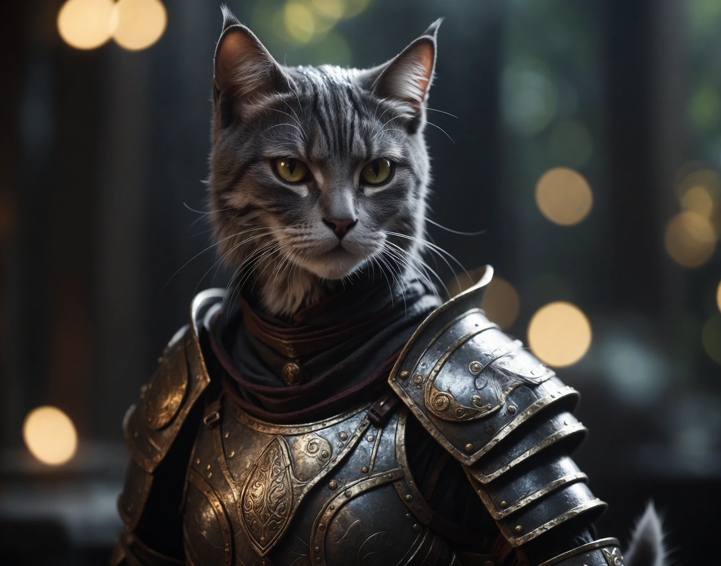 cinematic film still, a cat mage, armor, wrathful eyes,  dark atmosphere, shallow depth of field, vignette, highly detailed, high budget, bokeh, cinemascope, moody, epic