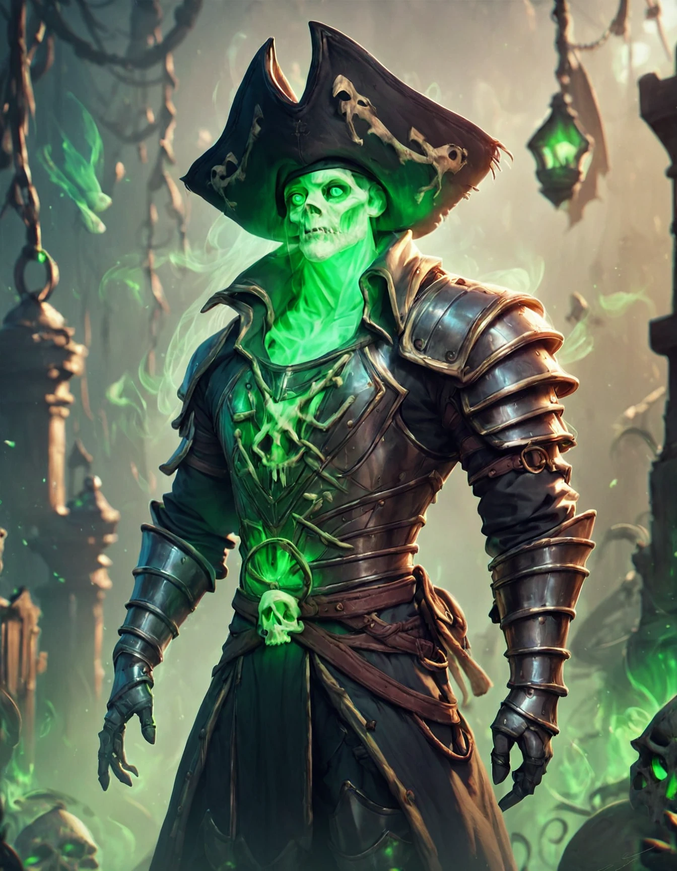 (very detailed 8k wallpaper), man, mid-shot terrifying necromancer, Scull, Burning eyes, ominous shadows, Green Smoke, difficult, high detail, dramatic