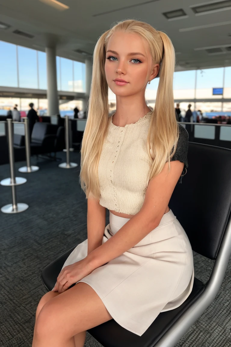 4k, 8k, ultra highres, raw photo in hdr, sharp focus, intricate texture,detailed skin, skin imperfections, realistic, detailed facial features, highly detailed face, posing,perfect lighting,long hair,twintails,(blonde hair),petite,sitting,long skirt,chic top,airport,chairs,<lora:ShirinaAlina1:0.7> ShirinaAlina1