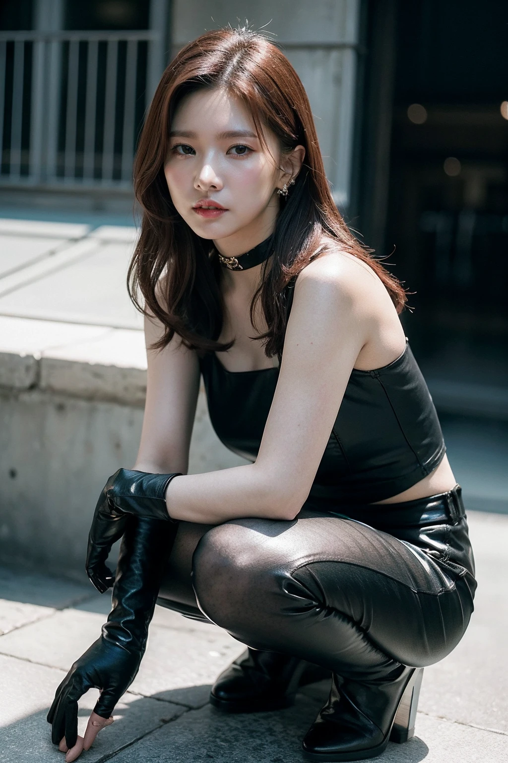 (realistic), (hyperrealism),best quality, masterpiece,ultra high res, (photorealistic:1.4),1girl,(looking at viewer:1.2),outdoor, squatting,
<lora:makina69_jei_v1.0:1>   , cowboy shot, black gloves, black choker, necklace, earrings, arms crossed