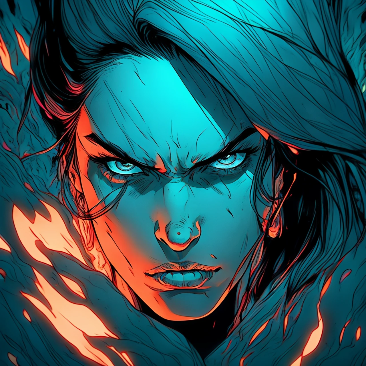 beautiful intense women with angry face, realistic, high contrast, in the style of becky cloonan, beeple, josan gonzalez, uhd image, 2d, cyan and fire, rim light, realistic digital
