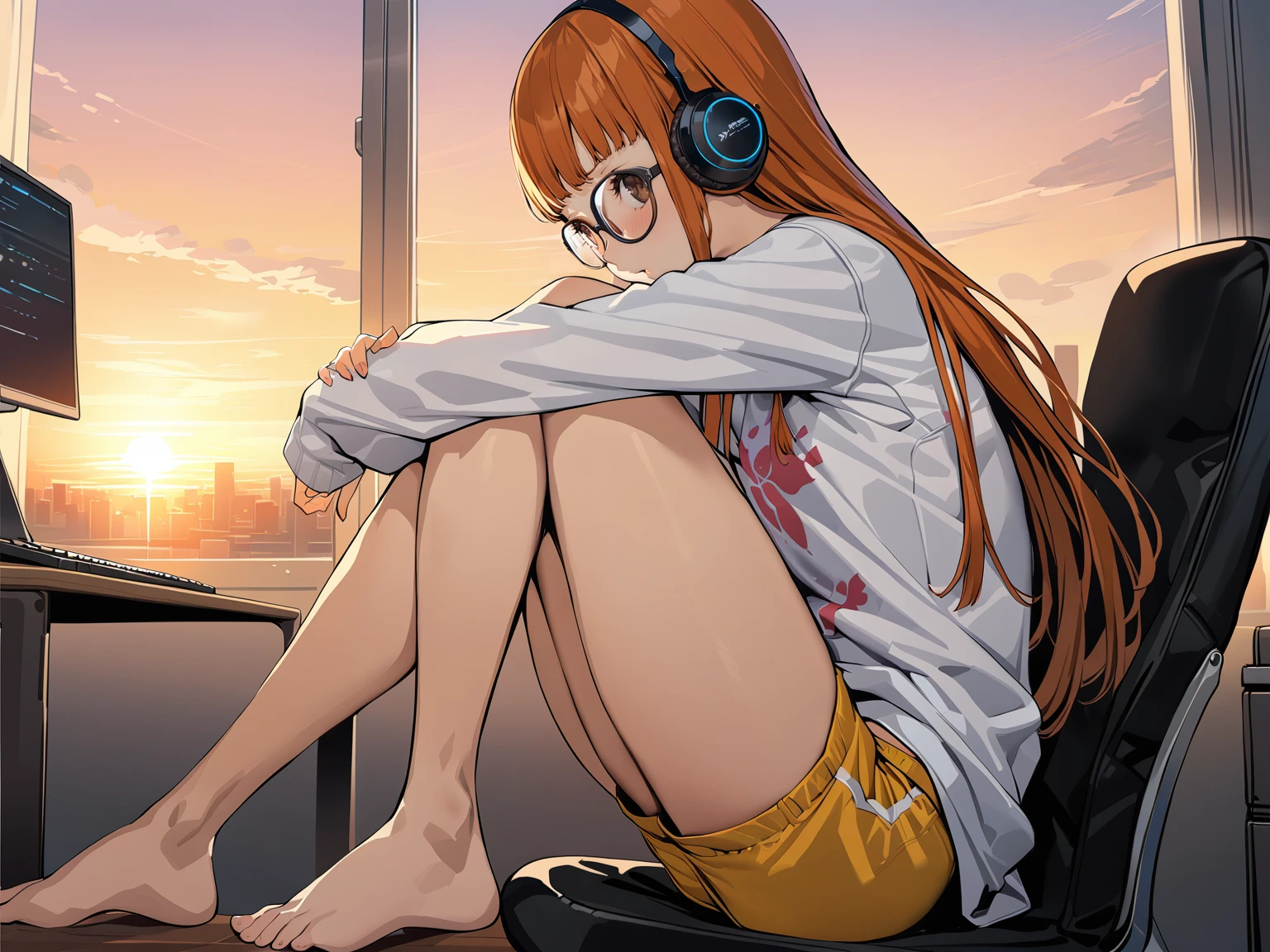 sakura futaba, 1girl, glasses, headphones, shorts, long hair, barefoot, solo, orange hair, sitting, short shorts, shirt, yellow shorts, full body, brown eyes, from side, hugging own legs, sitting, knees up, indoors, sunset, computer, masterpiece, best quality