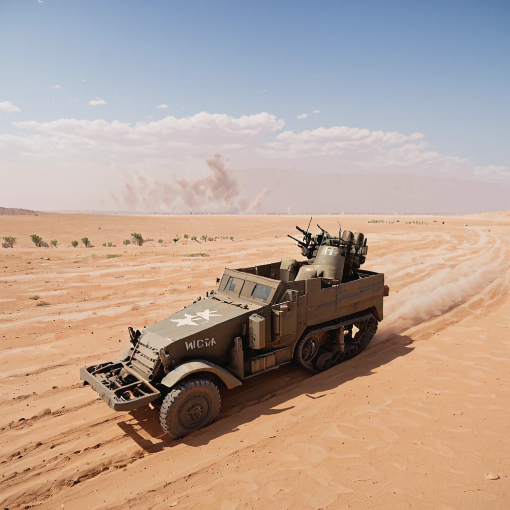 A dust-covered m16mtchppr halftrack speeds across the vast, open desert of North Africa, part of a scouting column looking for Axis supply routes. The endless sand and heat mirage blur the horizon, with the m16mtchppr's crew alert for aerial or ground threats, apxlz