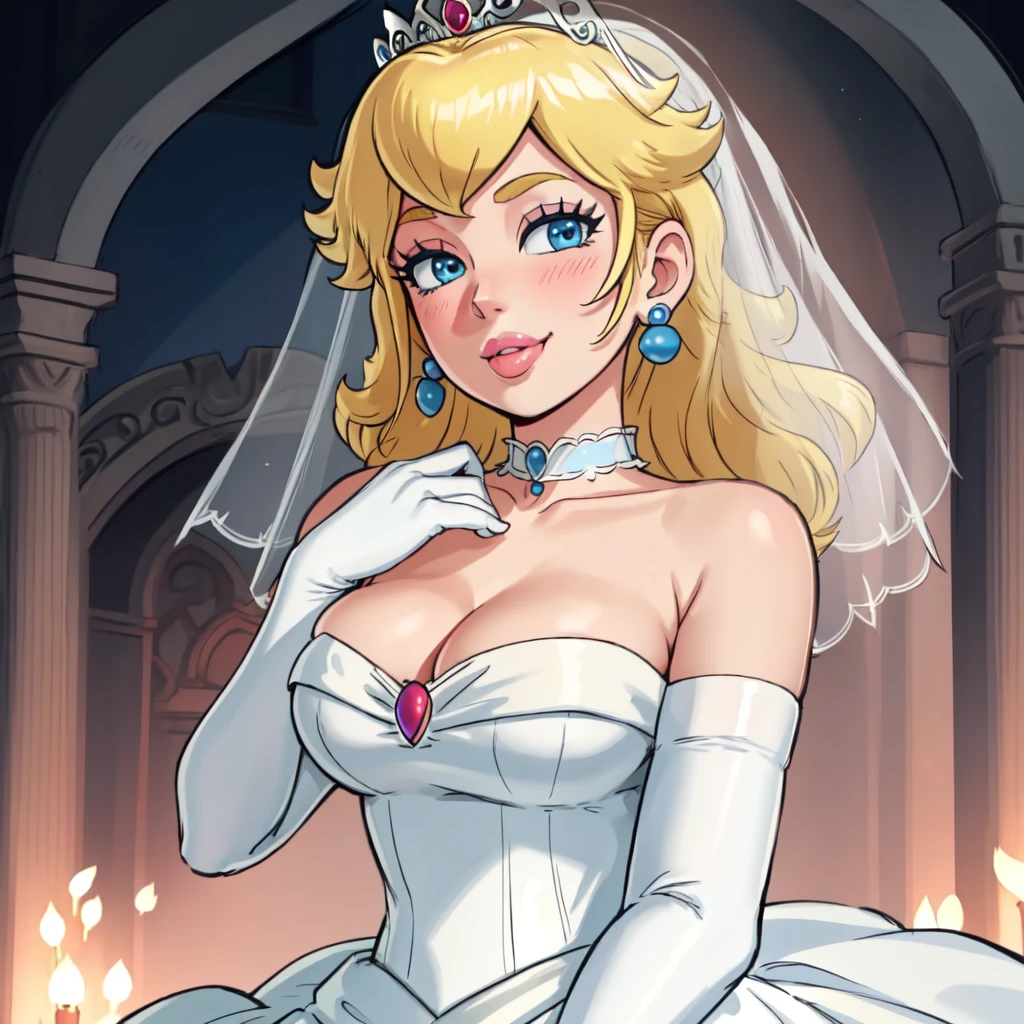 masterpiece, best quality, 4k, high res, detailed, <lora:PrincessPeach2B:0.7>, detailed background, beautiful blue eyes, CARTOON, ANIME, CARTOON ARTSTYLE, detailed face, highest quality, 1girl, solo, breasts, blush, smile, blonde hair, large breasts, gloves, dress, cleavage, bare shoulders, jewelry, collarbone, earrings, parted lips, choker, elbow gloves, white gloves, white dress, lips, strapless, makeup, own hands together, tiara, crown, lipstick, veil, strapless dress, facing viewer, wedding dress, bridal veil, own hands clasped, white choker, bride, princess peach, looking at viewer, cinematic lighting,