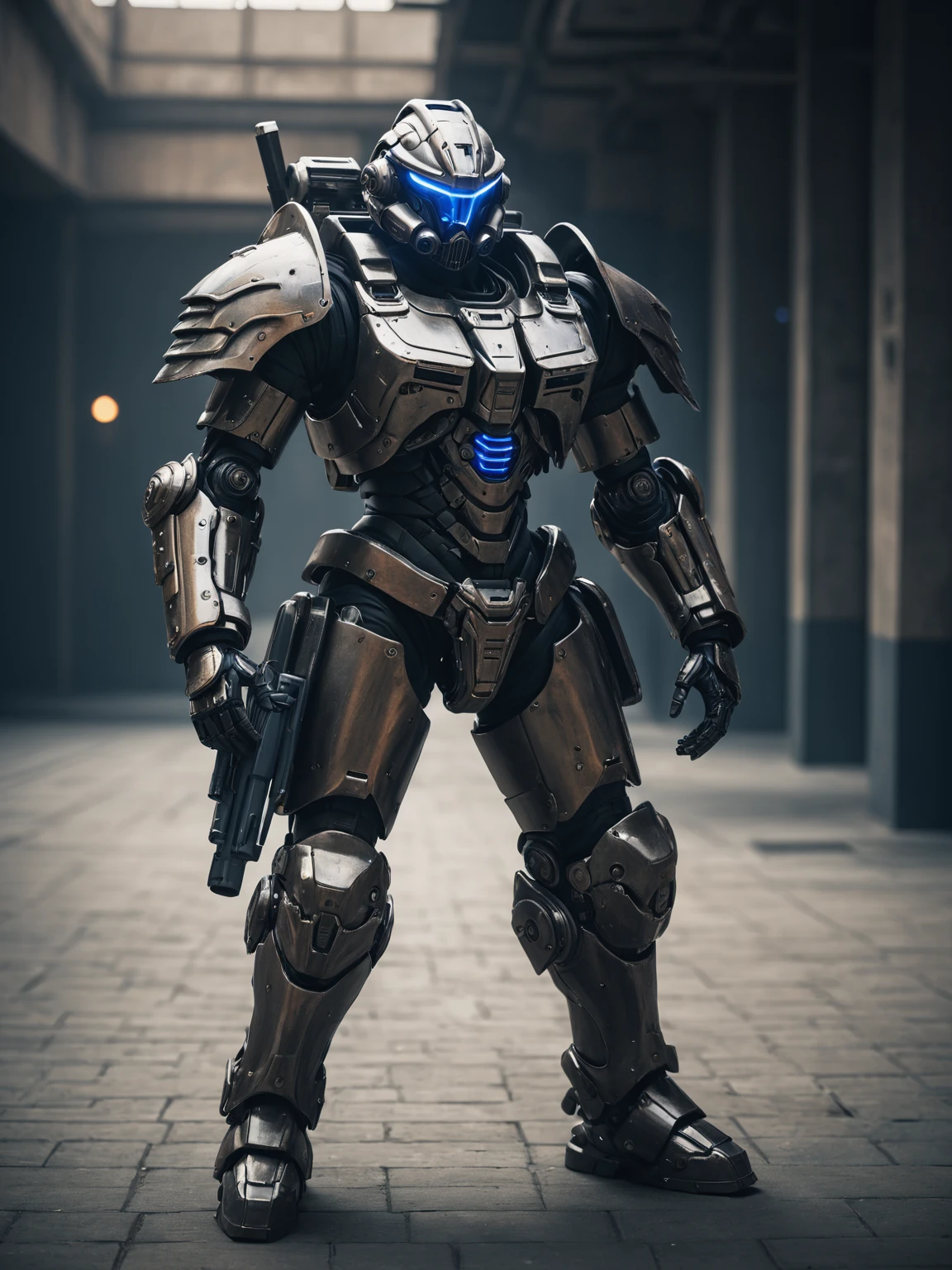 Artistic photography style (masterpiece, best quality, ultra-detailed, best shadow), cinematic film still, photo of a man wearing a high tech scifi armor, mecha armor, male focus, armor, solo, facial hair, cape, beard, looking at viewer, blue eyes, blurry background, power armor, knee protection, standing, brown hair, science fiction   . Energetic, professional, modern design, high-resolution, avant guard, highly detailed, original concept